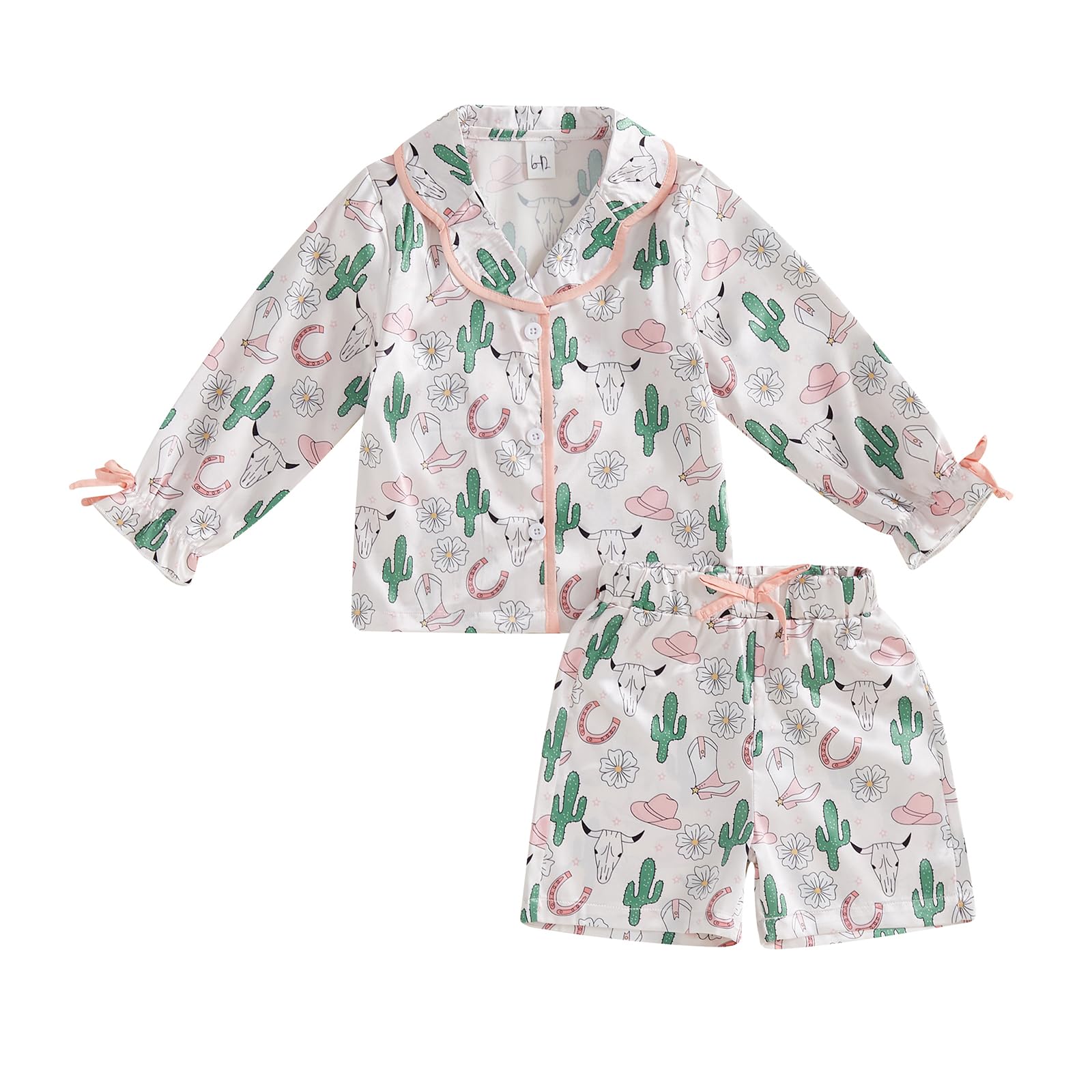 MAINESAKA Toddler Baby Girl Satin Pajama Set 2Piece Silk Pjs Western Sleepwear Long Sleeve Button Down Top And Shorts Pajamas (A-Apricot, 18-24 Months)