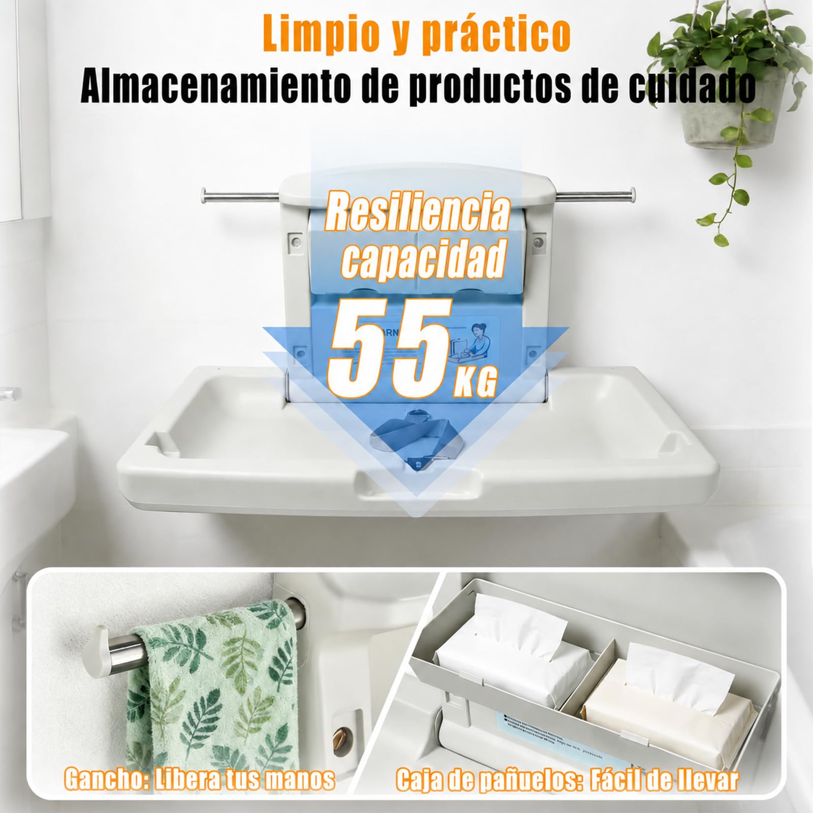Cambiador bebe plegable de pared, cambiador de bebe para baños públicos con cinturón de seguridad ajustable, ganchos laterales y cajas de almacenamiento plegables