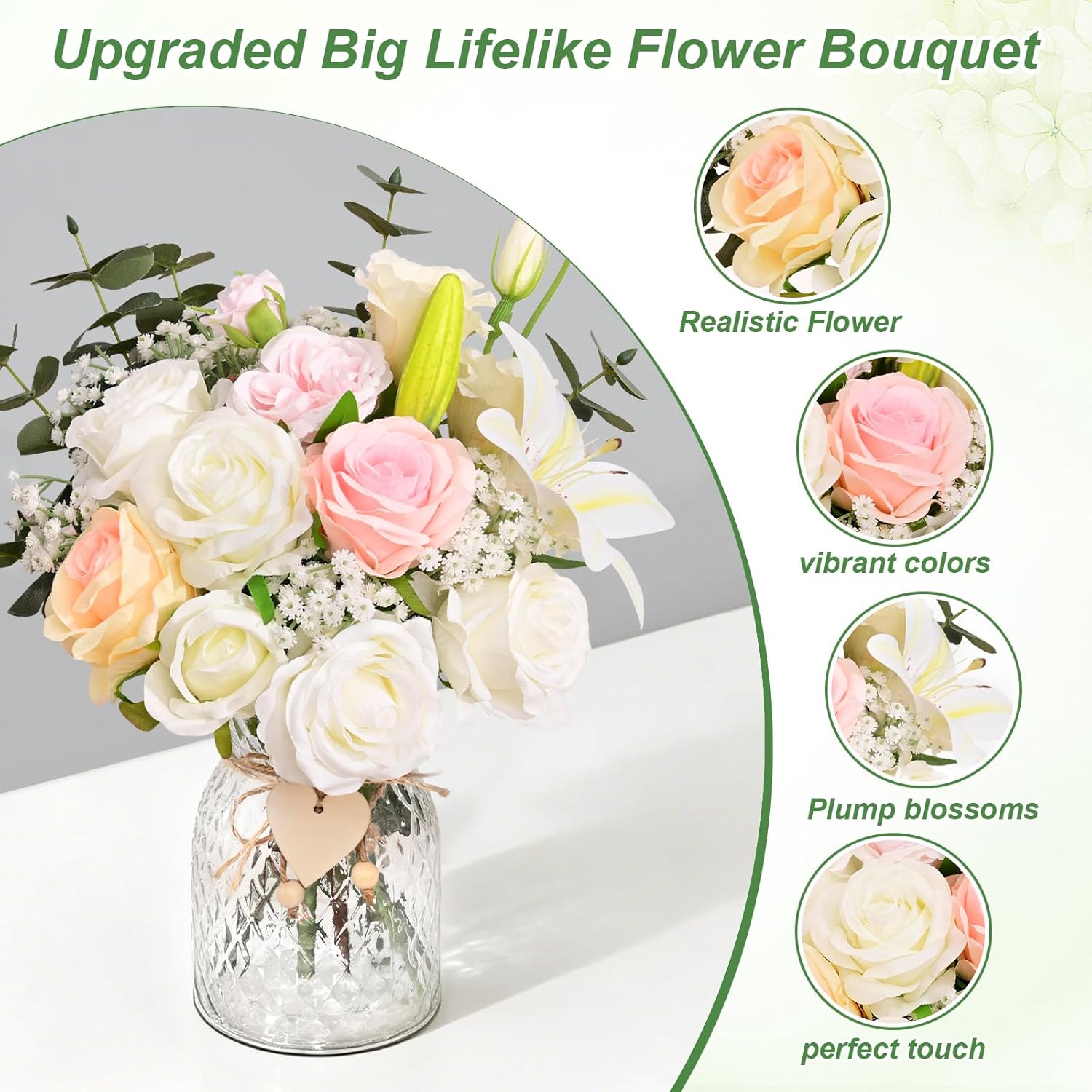 Livole 22Pcs Fake Flowers with Vase Silk White Artificial Flowers in Vase with Light Fake Plant Eucalyptus Flower Arrangement for Table Centerpieces Decor for Living Room Coffee Home Farmhouse