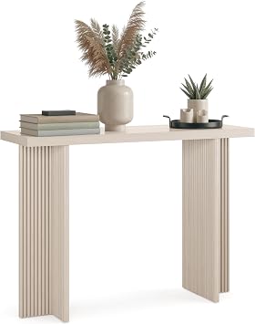 Stead Fluted Console Table Weathered White Solid Wood Entryway Table with Oak Grain Veneer, Curved Base & Adjustable Feet Modern Farmhouse Fluted Console Table for Hallway or Living Room.
