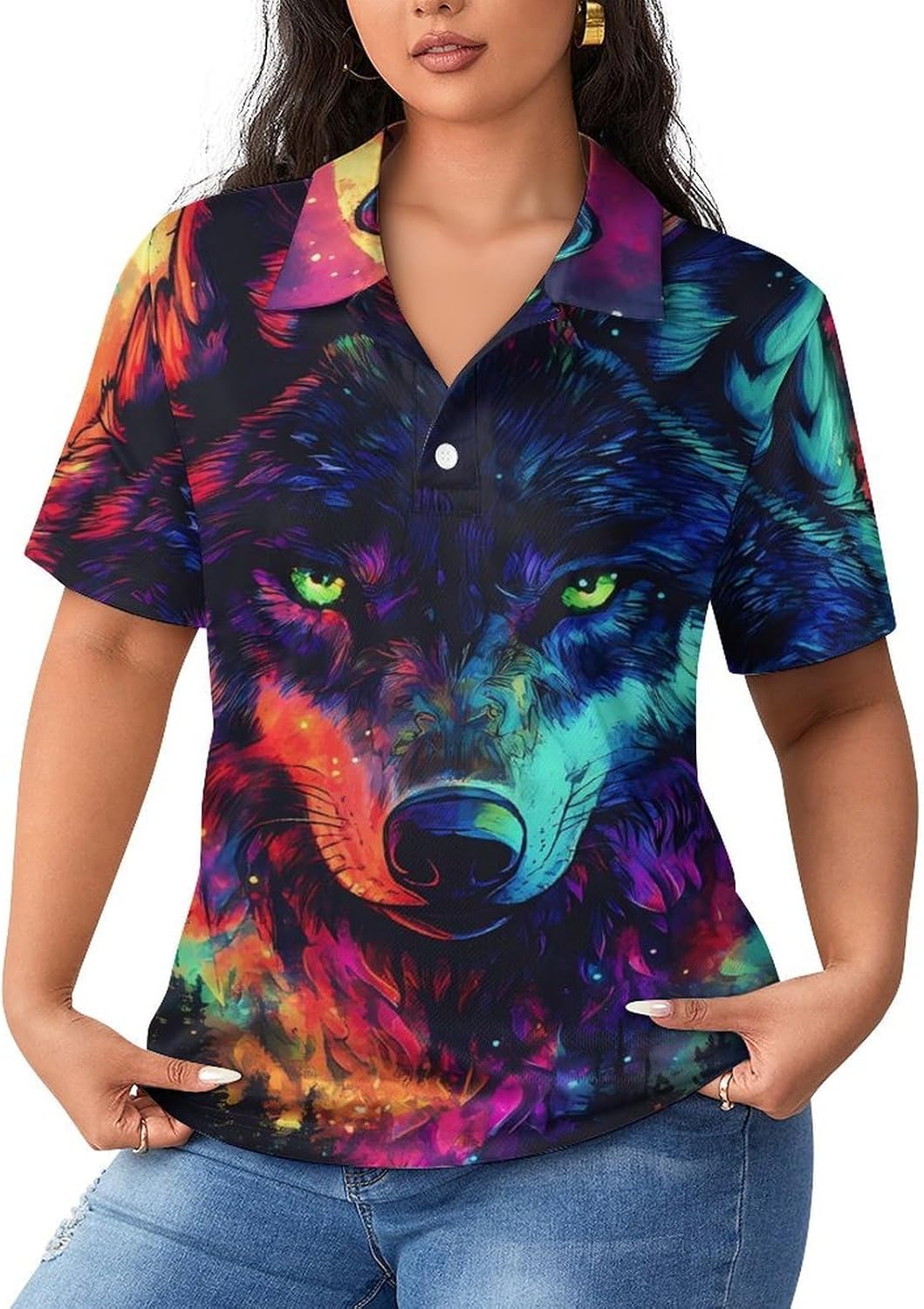 Colorful Wolf and Moon Women's Golf Polo Shirts Short Sleeve Quick Dry Tennis Tops Casual Work Blouses