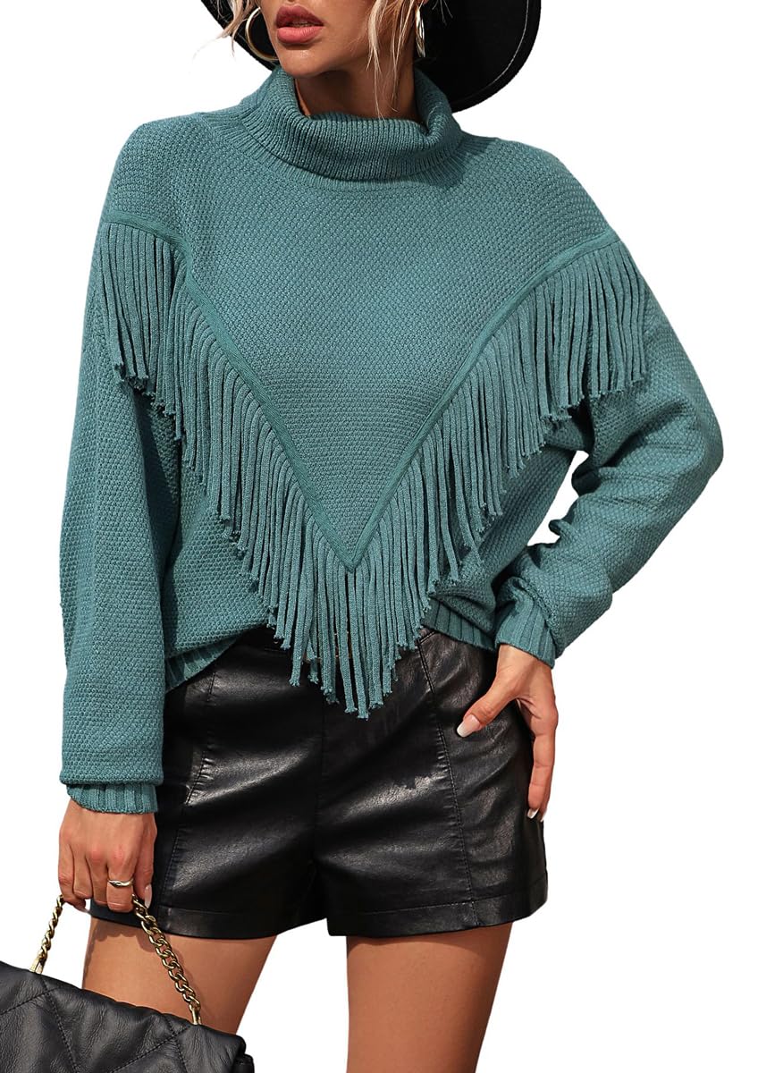 chouyatou Women's Oversized Fringe Tassel Sweater Long Sleeve Turtleneck Knitted Pullover Jumper Tops