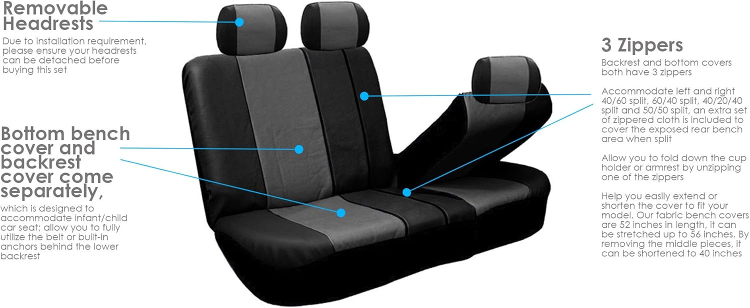 FH Group Racing PU Leather Full Set Car Seat Covers, Airbag Ready and Split with Vinyl Floor Mats- Fit Most Car, Truck, SUV, or Van Gray/Black