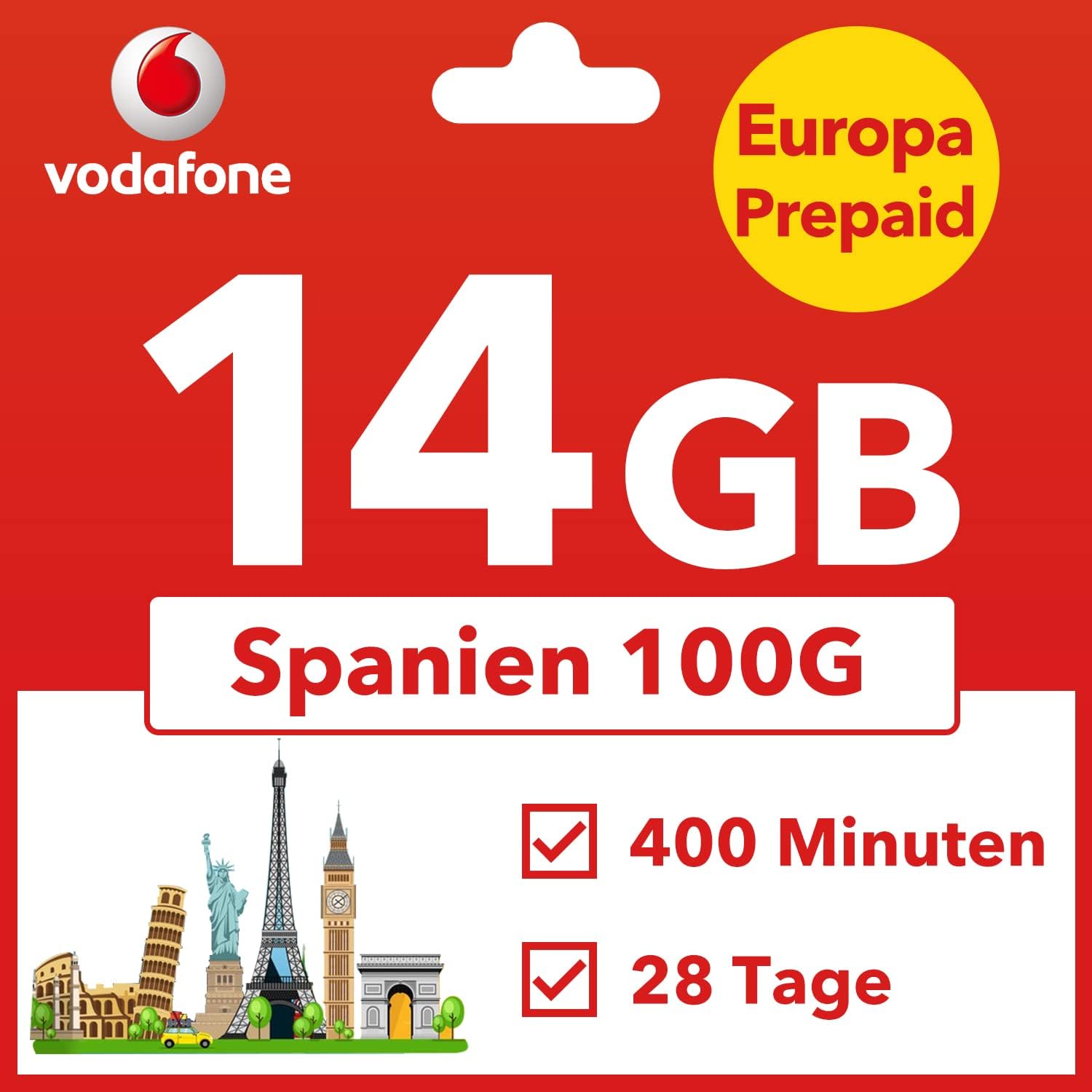 Saffruff Vodafone Prepaid Europa SIM Karte 14GB Pay As You Go UK EU Roaming（100GB Spanien für