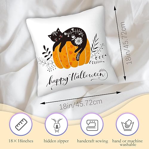 Miniatura 3 de SKYDAWNY Juego de 2 fundas de almohada de 18 x 18 pulgadas con diseño de calabaza y gato negro, fundas decorativas cuadradas suaves para decoración