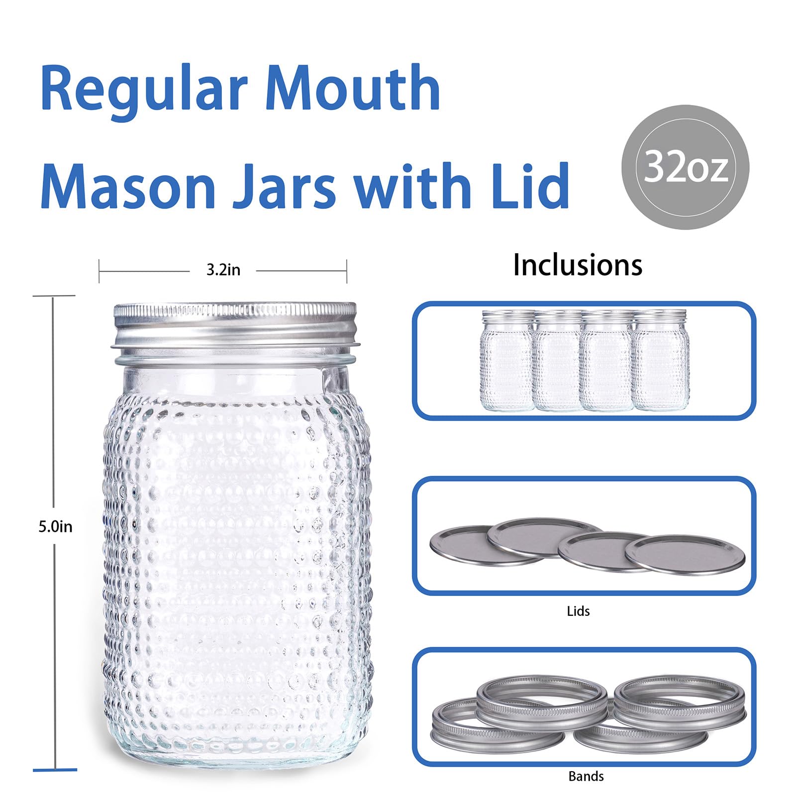 MirthMood - Tarros Mason de boca ancha de 32 onzas, paquete de 6 tarros de vidrio con tapas herméticas, tarros de cuarto de galón de boca ancha para conservar, preparación de comidas, avena nocturna