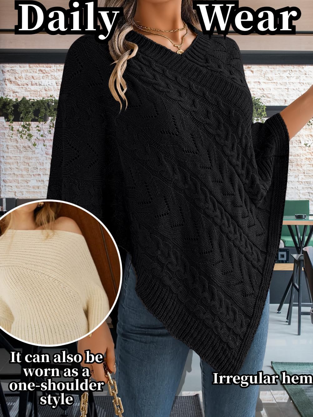 Women Knit Poncho Sweater, Irregular Hallow Out Cape Top Casual Fashion, Lightweight Knitted Shawl Wraps Fall Winter - Image 7