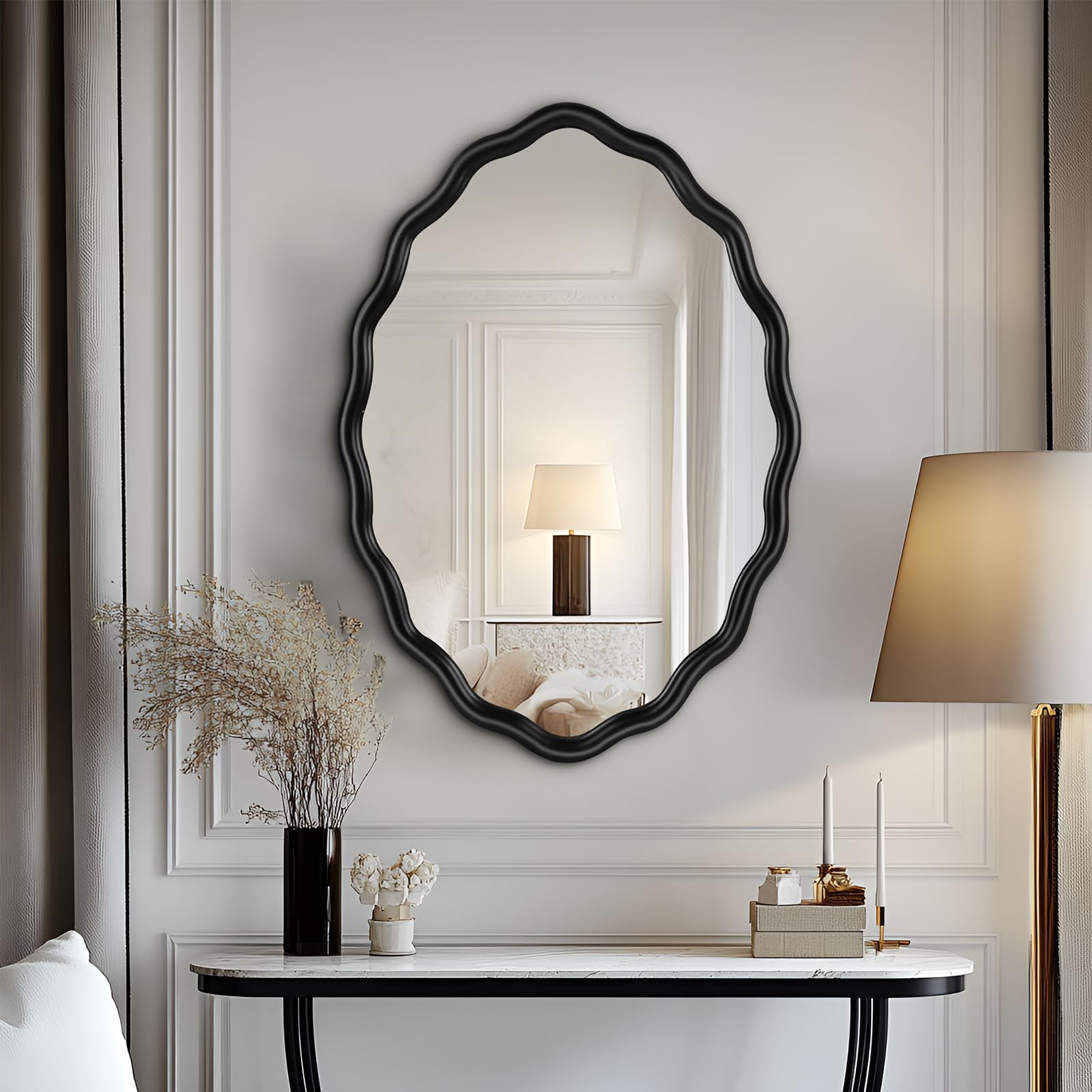 Oval Bathroom Mirror Wall Mounted Large Decorative Wall Mirror for Living Room, Bedroom, or Entryway – Vintage Sunburst Design with Beveled Detailing – Wavy Frame Vanity Mirror (Black)