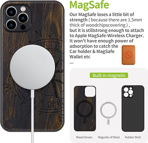 Miniatura 22 de Carveit Funda magnética de madera para iPhone 12 [madera natural y TPU suave negro] a prueba de golpes, funda de madera única y elegante compatible