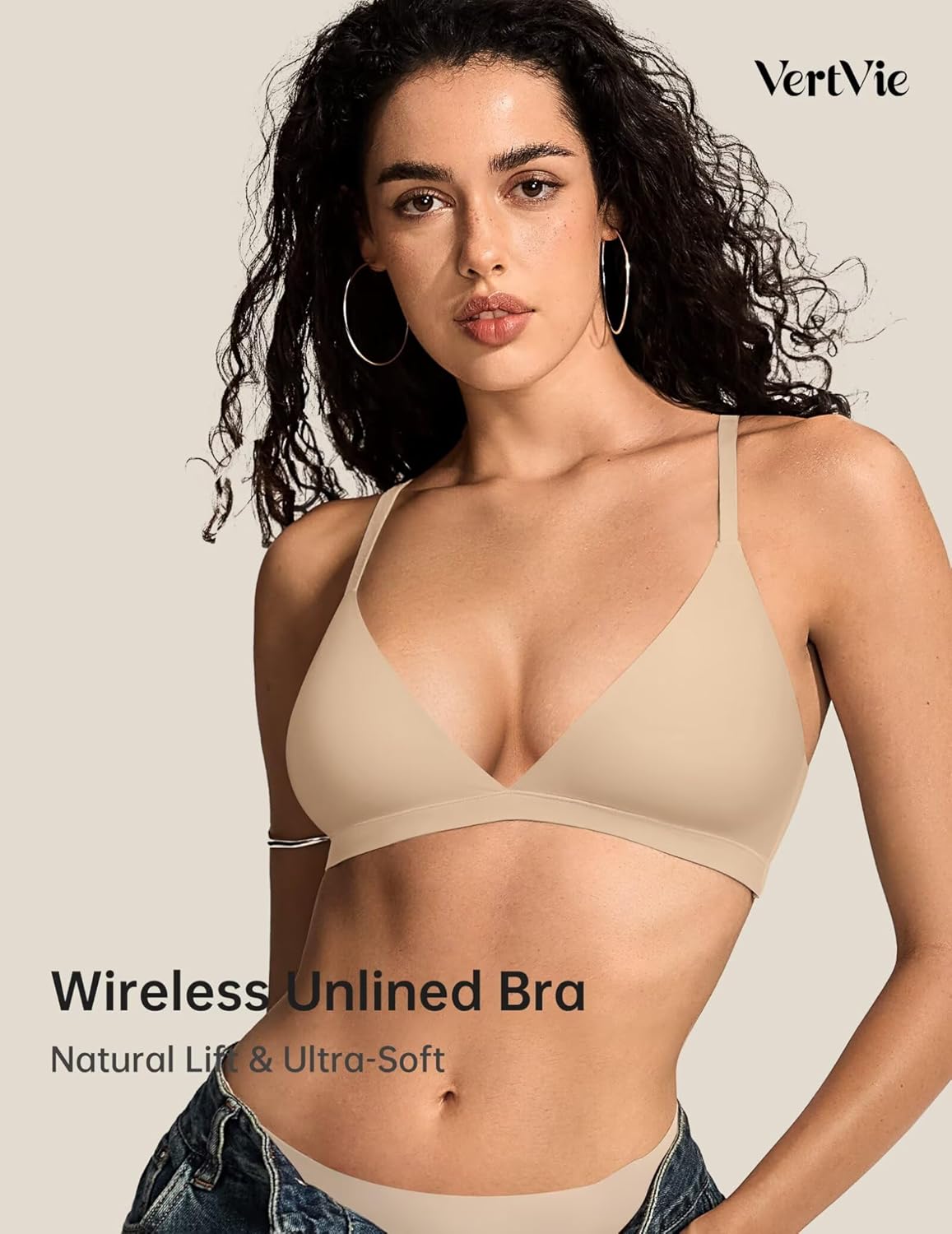 Vertvie Womens Wireless Plunge Unlined Triangle Bralette No Underwire Sexy Comfortable Bras Seamless Everyday Bra (Vanilla White,Medium) - Image 3