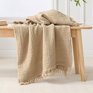 Esterra Muslin Throw Blanket 50x65 Inches Cozy Soft Lightweight Pre-Washed Cotton Blanket, All Season Breathable 4-Layer Gauze Blanket Throw for Sofa Couch Bed, Curds&Whey