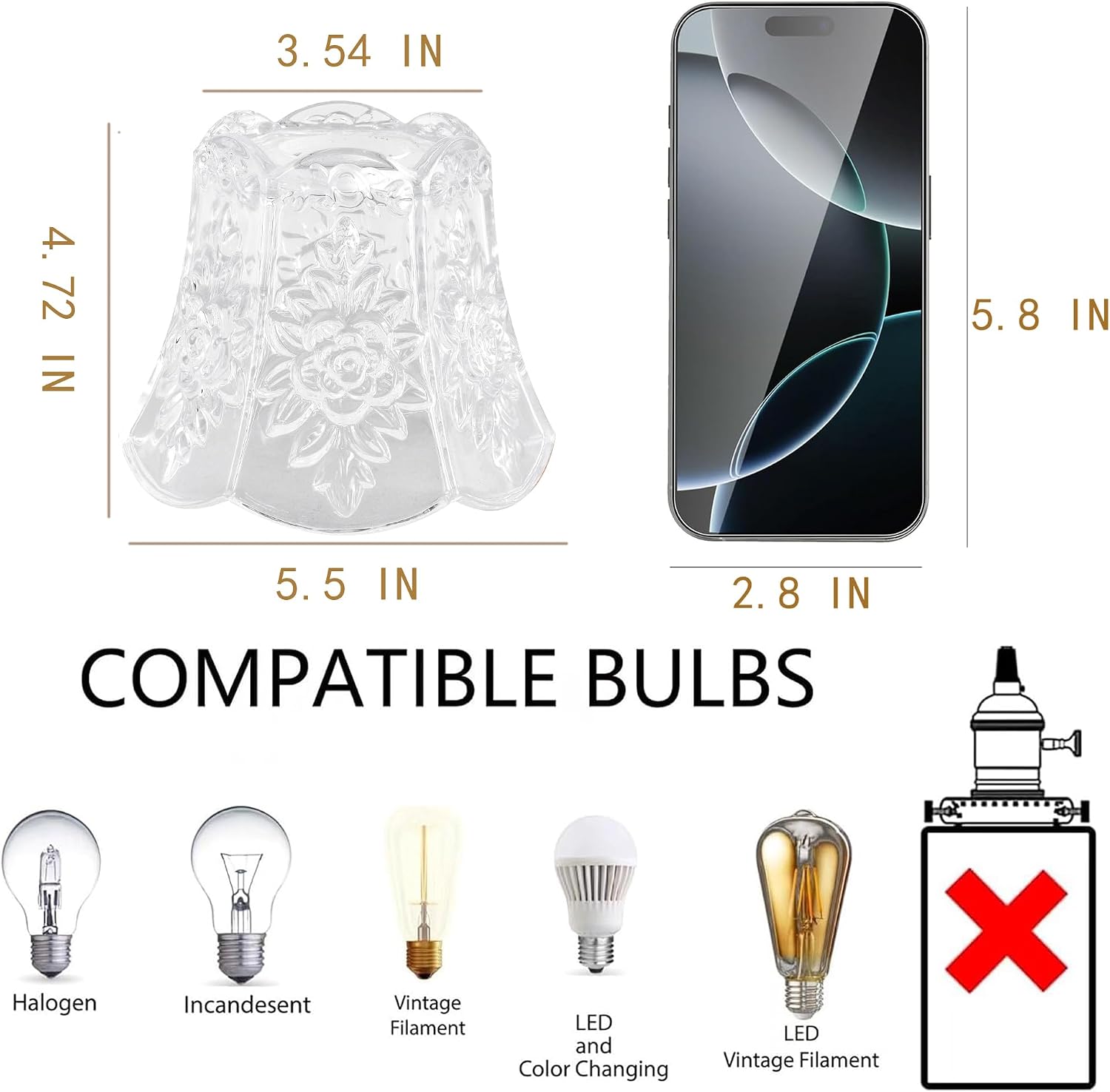 Glass Transparent Rose Small Lamp Shades Set of 2 Art Blown Lampshades,1.3lb,3.54" Top x 5.5" Diameter x 4.72" Height,Replacement Mini Lamp Shade for Floor Lamp Table Wall Lamp Chandelier Island Decor