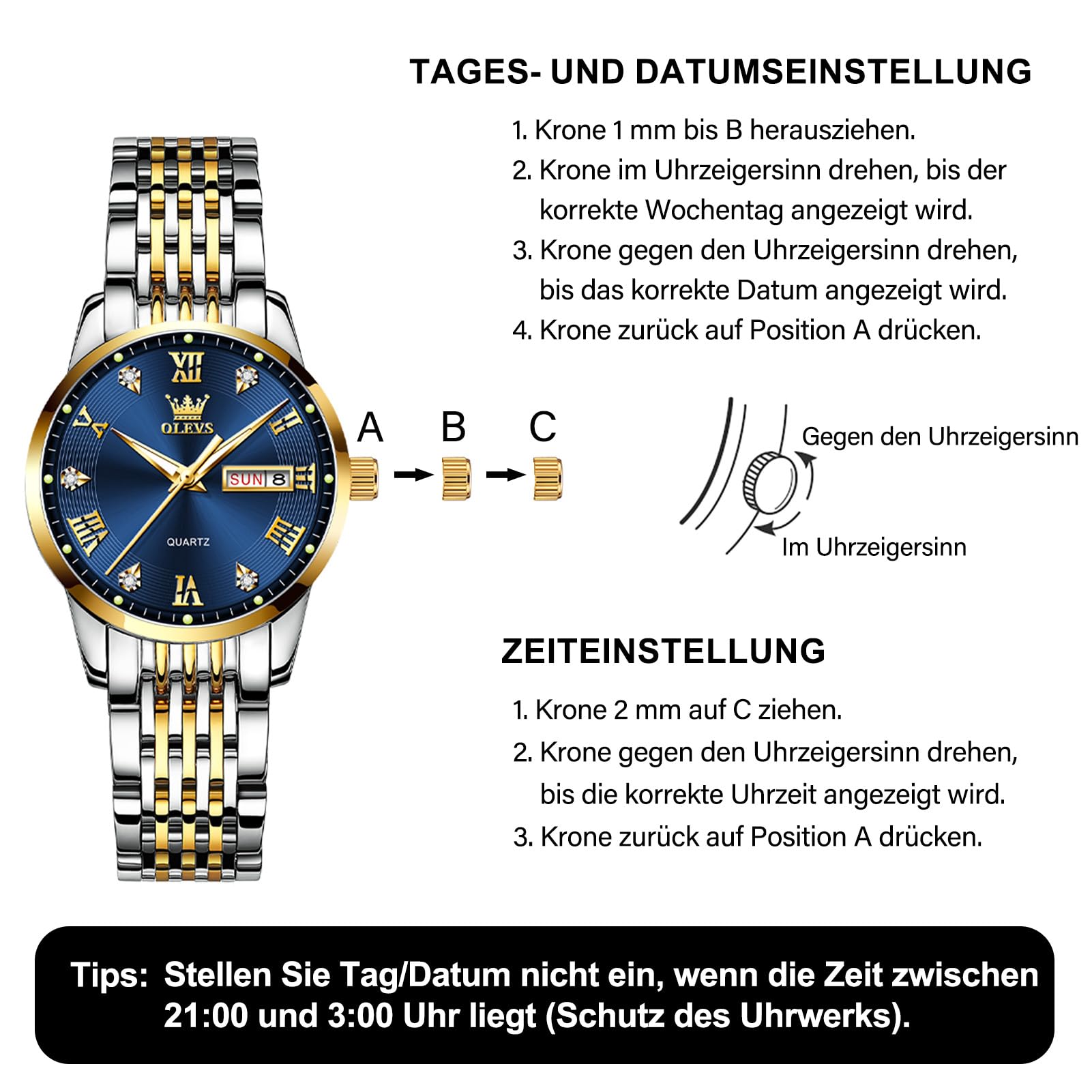OLEVS Damen Uhr, Klassische wasserdichte Edelstahl Tagesdatum Kleine Armbanduhr Damen, Eleganze Rundes Zifferblatt Analog Quarz Leuchtende Damenuhr