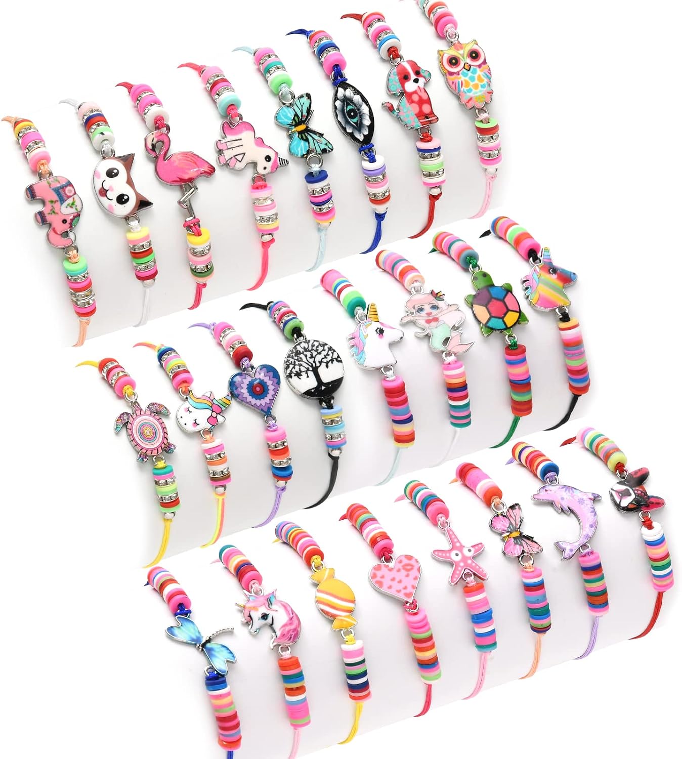 Lorfancy 24 Pcs Kids Girls Women Bracelets Jewelry Animal Pendant Unicorn Owl Cute Women Bracelet Multicolor Rhinestone Woven Friendship Bracelets for Party Favors Pretend Play Bracelets Kids