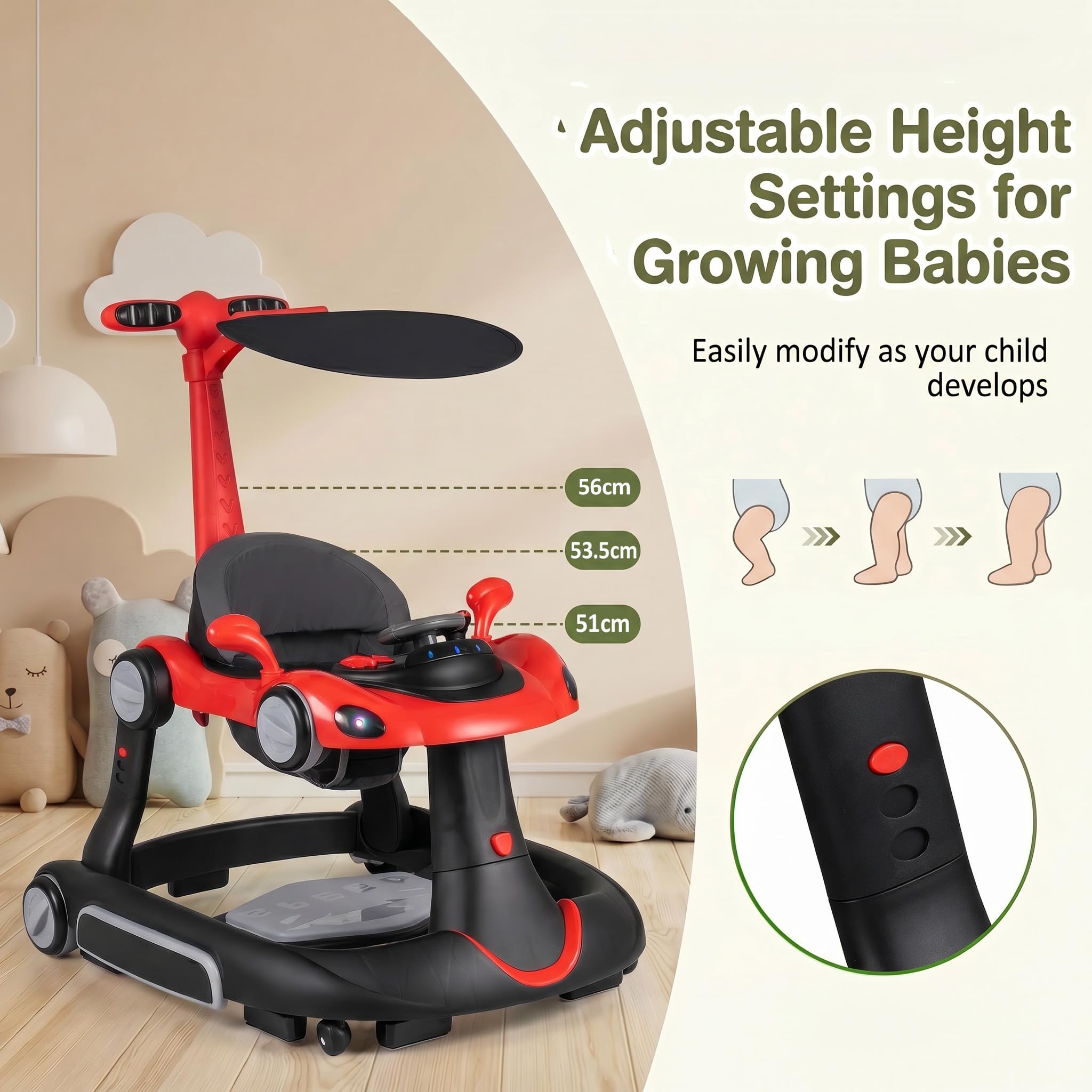 LIFEZEAL Lauflernwagen mit Sonnenschirm, 6-in-1 Lauflernhilfe Gehhilfe Baby mit Licht, Musik, Spielecenter & Tablett, Baby Walker mit einstellbarer Höhe & Geschwindigkeit, ab 7-18 Monate (Rot)