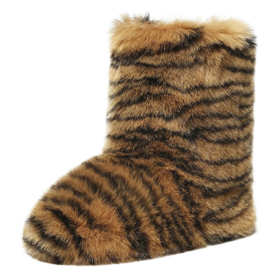 Betastella Womens Flat Mid Calf Snow Boots Fuzzy Fluffy Furry Faux Fur Lined Boots Pull On Warm Winter