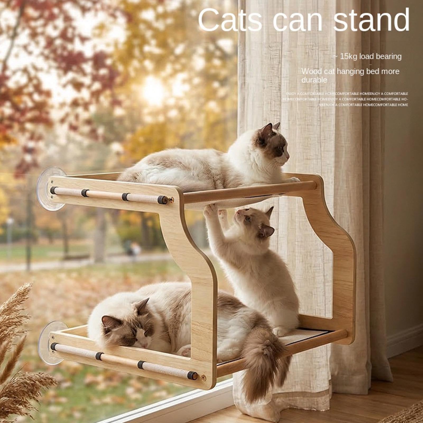 Cuccia Finestra per Gatto Con Ventose In Legno Resistente | Mensola e Amaca per Gatto da Davanzale Adatto a taglie piccole medie e grandi di ogni razza a arrampicata relax