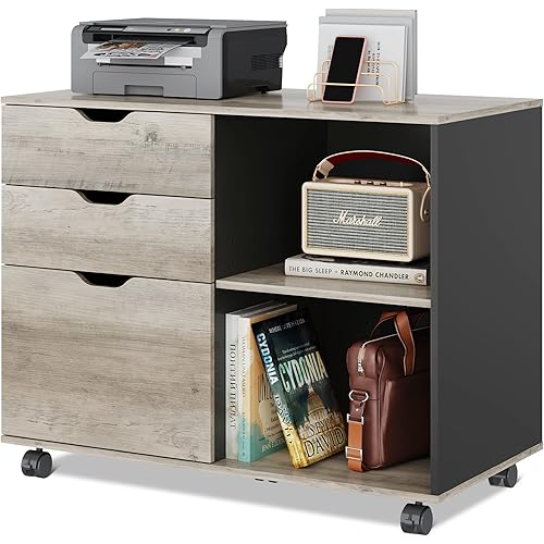 DEVAISE 3-Drawer Wood File Cabinet, Mobile Lateral Filing Cabinet, Printer Stand with Open Storage Shelves for Home Office, Greige