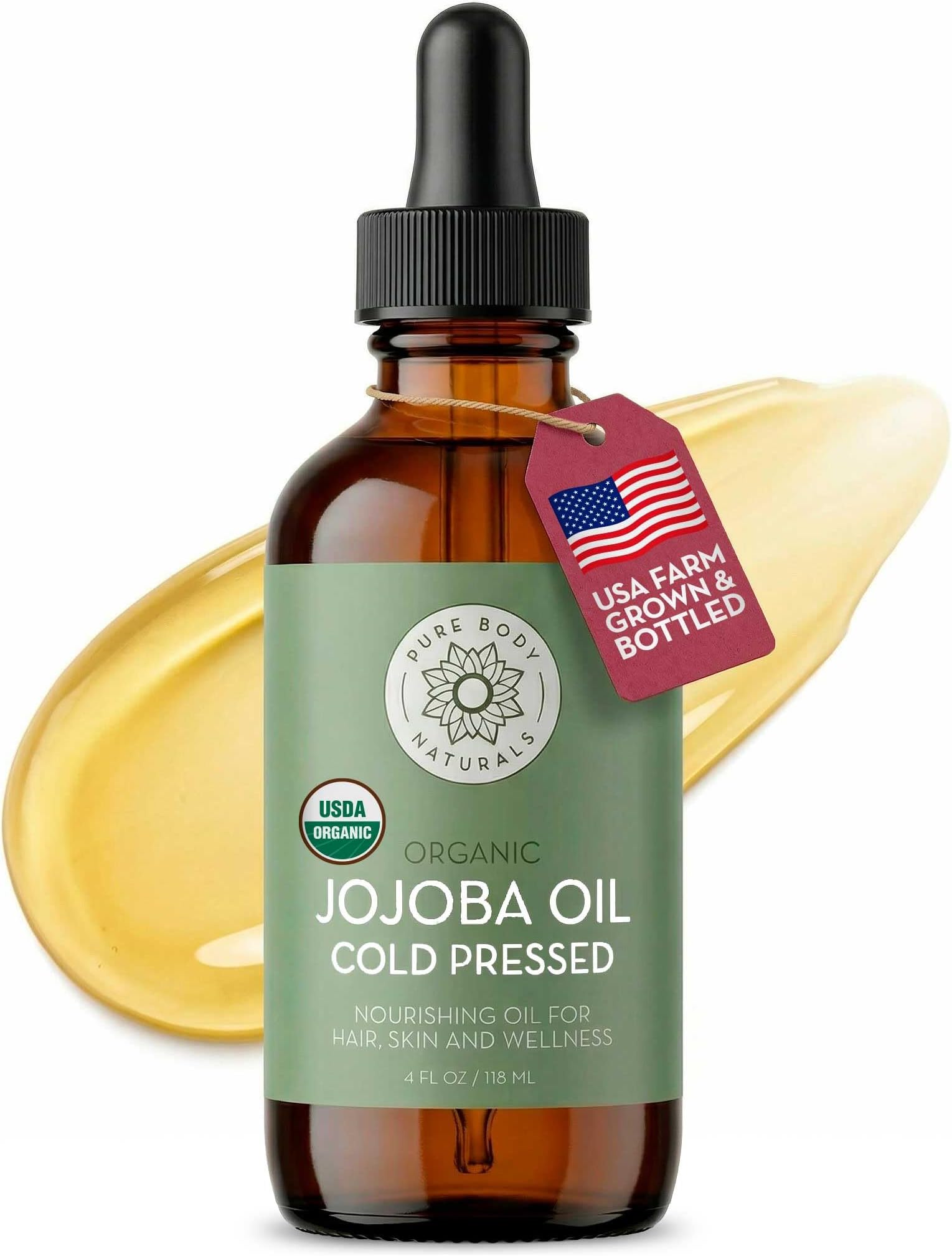 Pure Body Naturals Organic Jojoba Oil, 4 Fl Oz - 100% Pure, Organic, USA-Sourced, Cold Pressed Jojoba Oil for Skin, Face, Nails and Hair - Carrier Oil for Mixing Essential Oils