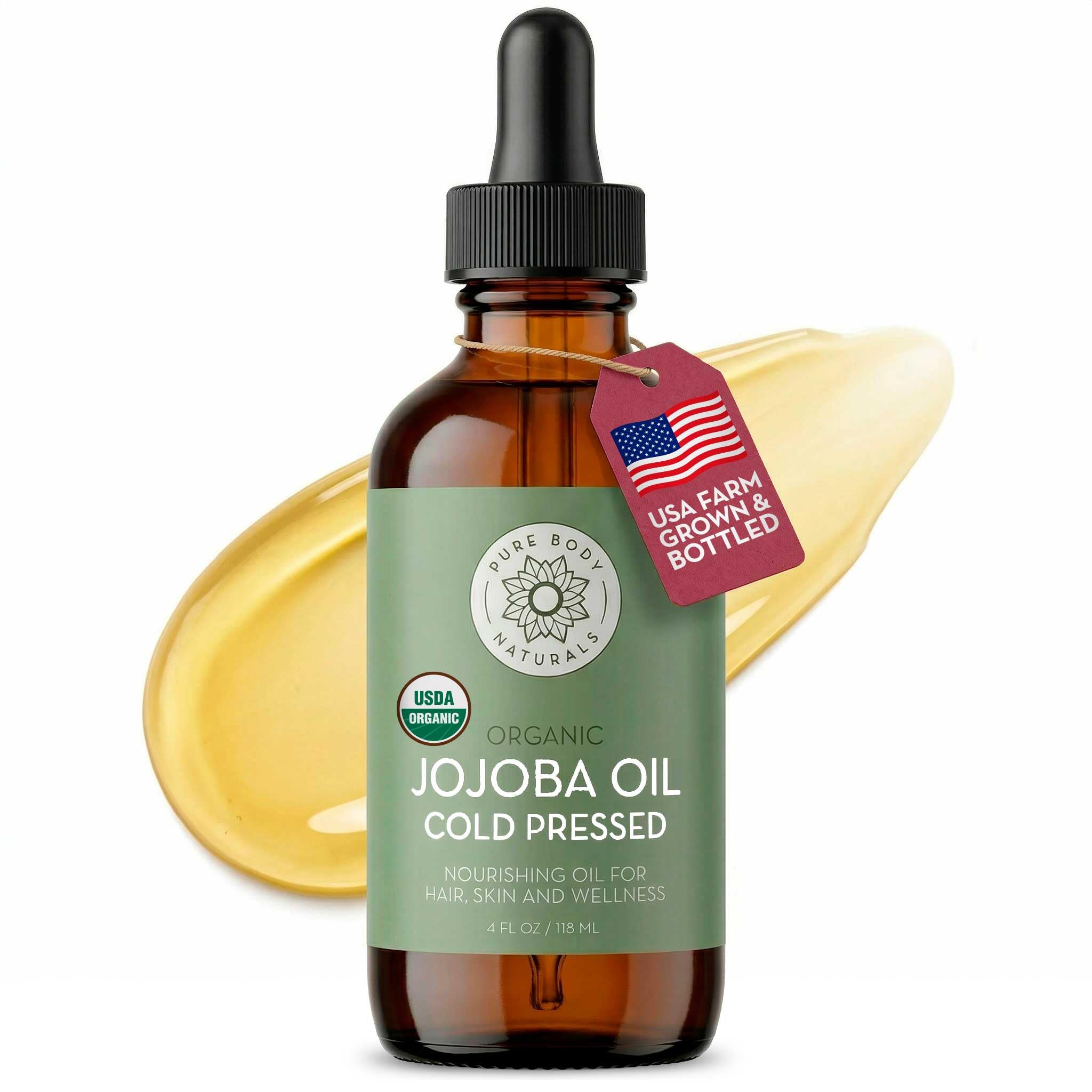 Pure Body Naturals Organic Jojoba Oil, 4 Fl Oz - 100% Pure, Organic, USA-Sourced, Cold Pressed Jojoba Oil for Skin, Face, Nails and Hair - Carrier Oil