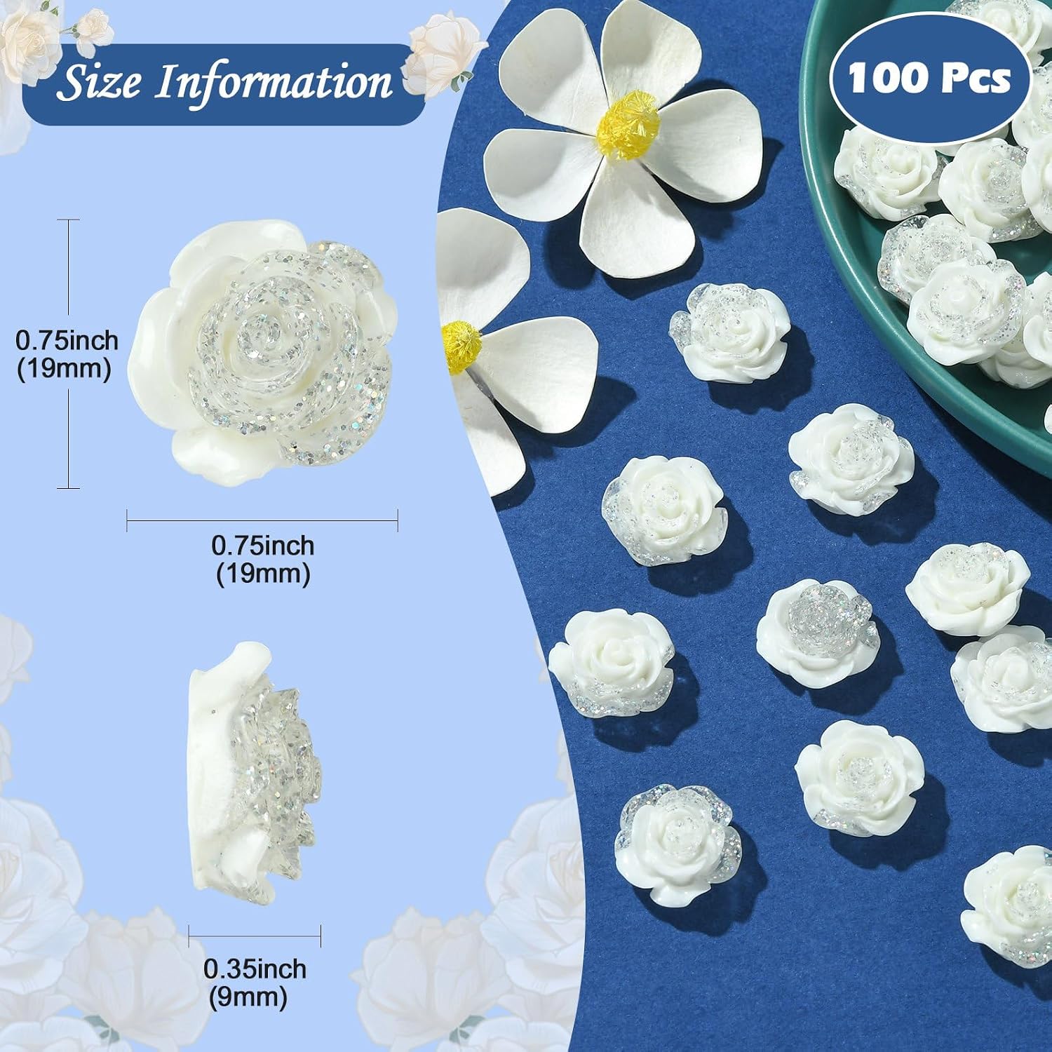LiQunSweet 100 Pcs Opaque Resin Cabochons White Rose Flower Nohole Beads Charms with Glitter Powder for DIY Crafts Valentine Christmas Birthday Gifts