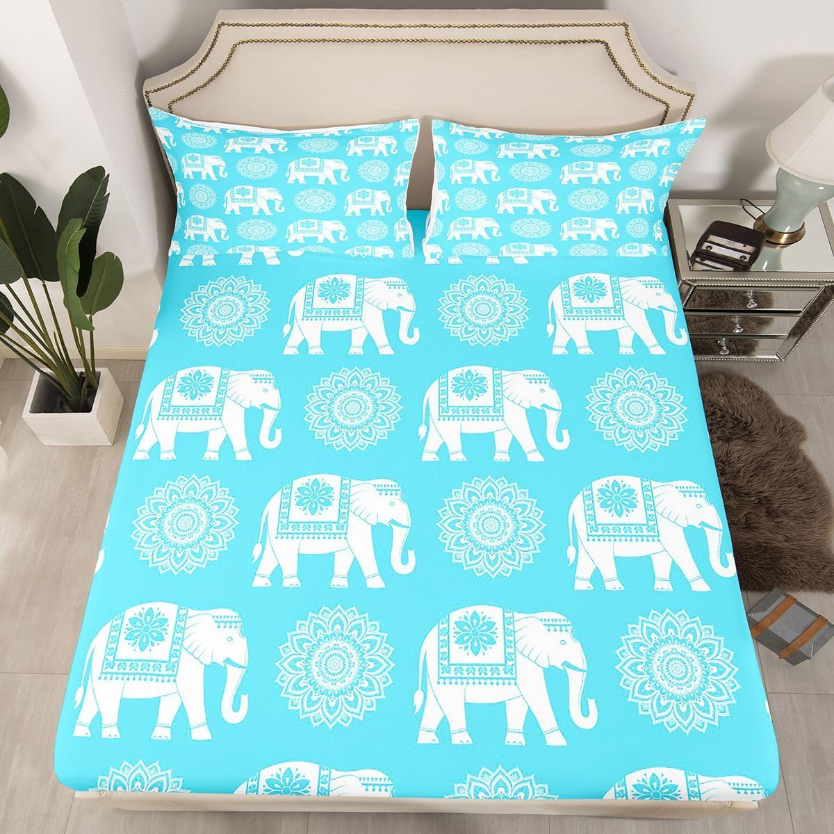 Erosebridal Elephant Bed Sheets Full Bohemian Geometric Sheet Set, Wild Animals Soft Lightweight Bedding Set, Modern Simple Style Fitted Sheet with Deep Pocket