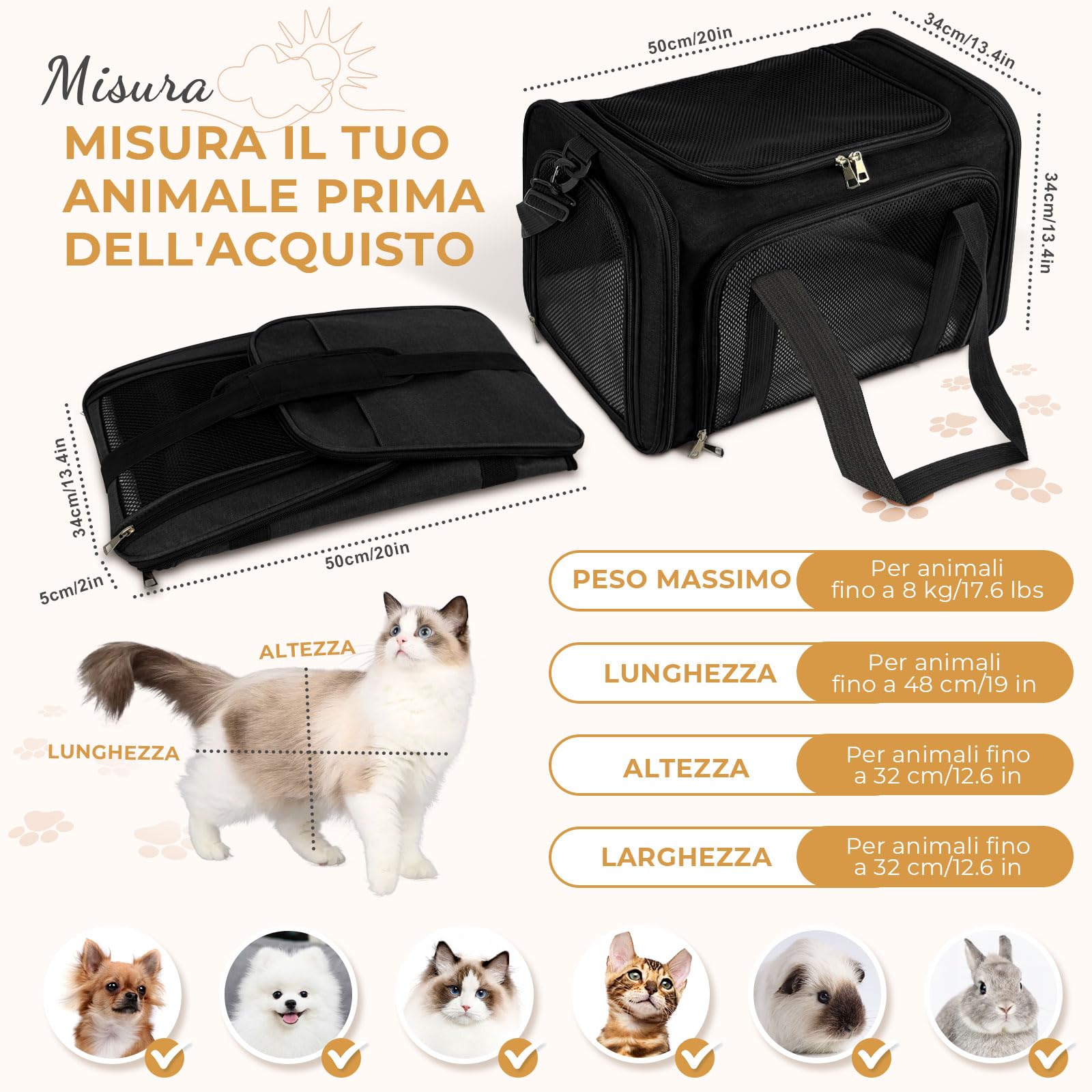 Trasportino per Gatti, 50x34x34cm Trasporto per Gatti e Animali fino a 8 kg, Trasportino per Animali Portatile Pieghevole, Trasportino per Viaggi Lunghi e Brevi (Nero)