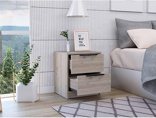 Miniatura 5 de Mesita de noche de madera, 2 cajones, mango de metal, mesita de noche moderna gris para cama, fácil montaje