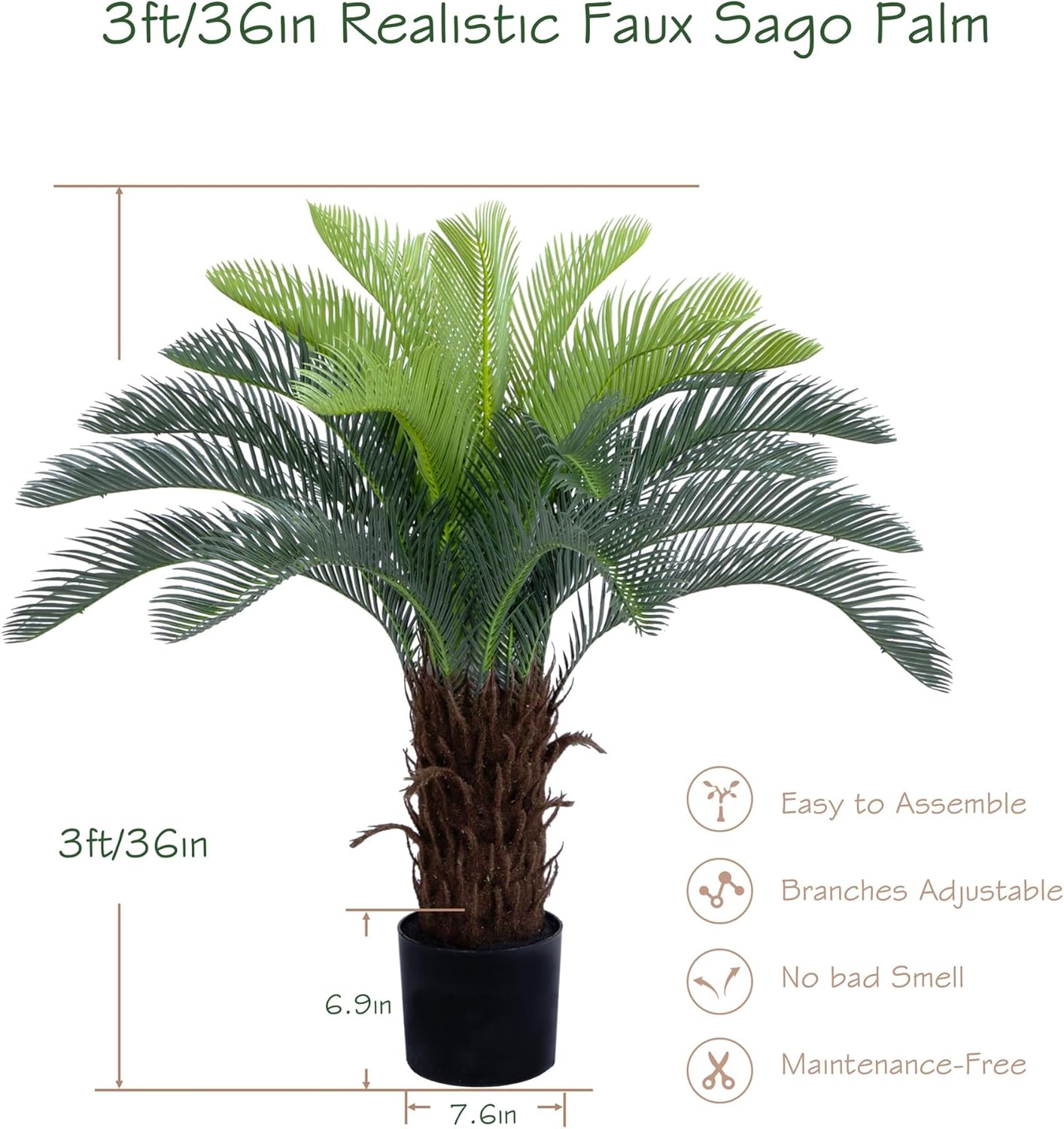 Bellacat 3ft UV Resistant Faux Sago Palm Tree with Natural & Lifelike Bark, 35in Super Full Artificial Cycad Tree with Realistic Leaves, for Home Office Patio Porch Front Door Decor. - Image 6