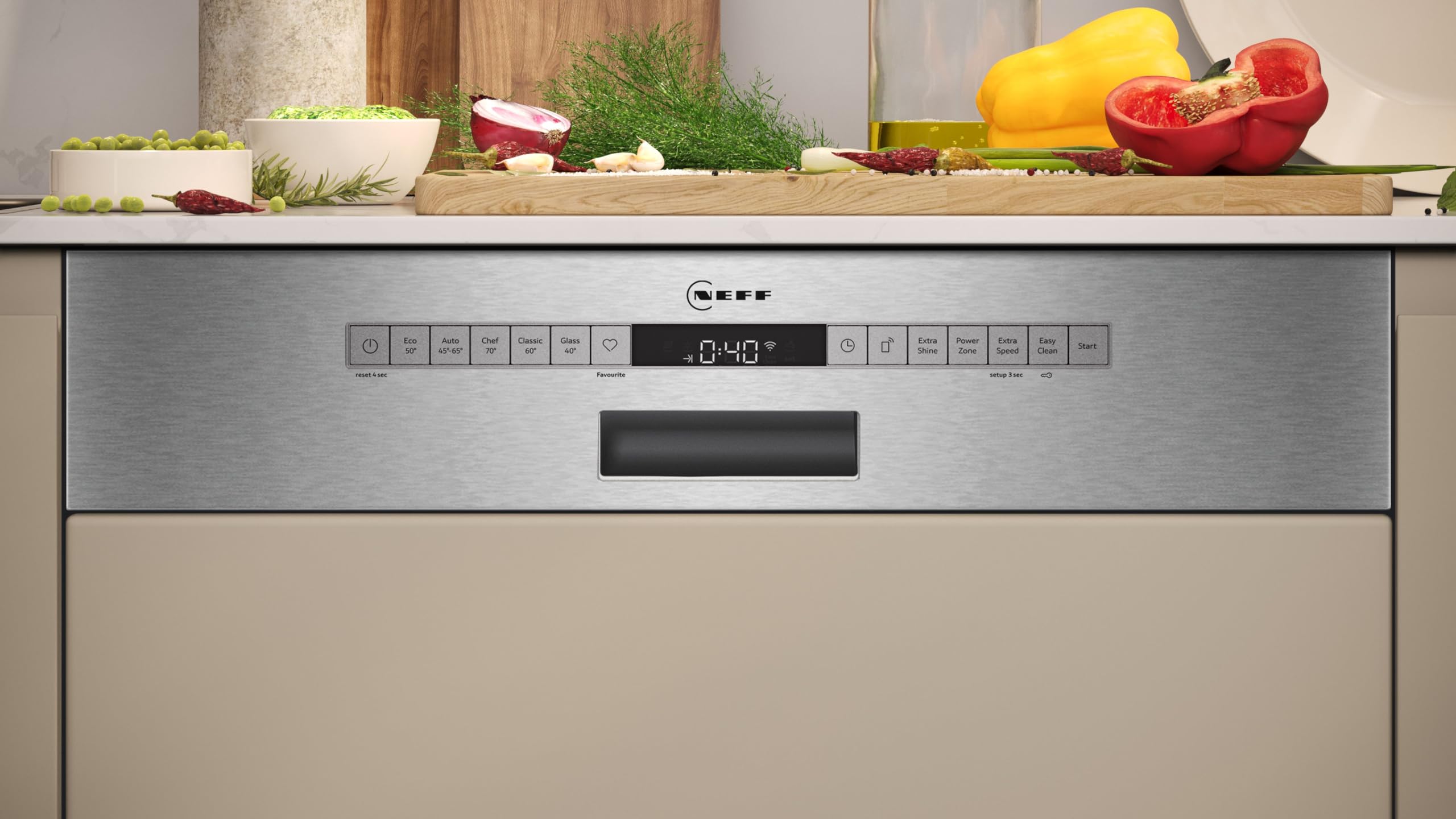 NEFF S147YCS03E, N 70, Smarter Geschirrspüler Teilintegriert, 60 cm, Made in Germany, Besteckschublade, Zeolith-Trocknung, besonders leise Spülmaschine, höhenverstellbarer Oberkorb, Schmutzerkennung