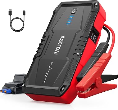AstroAI S8 Car Battery Jump Starter, Car Jumper Starter Battery Pack for Up to 6.0L Gas & 3.0L Diesel Engines, 12V Portable Jump Box with 3 Modes Flashlight and Jumper Cable Red