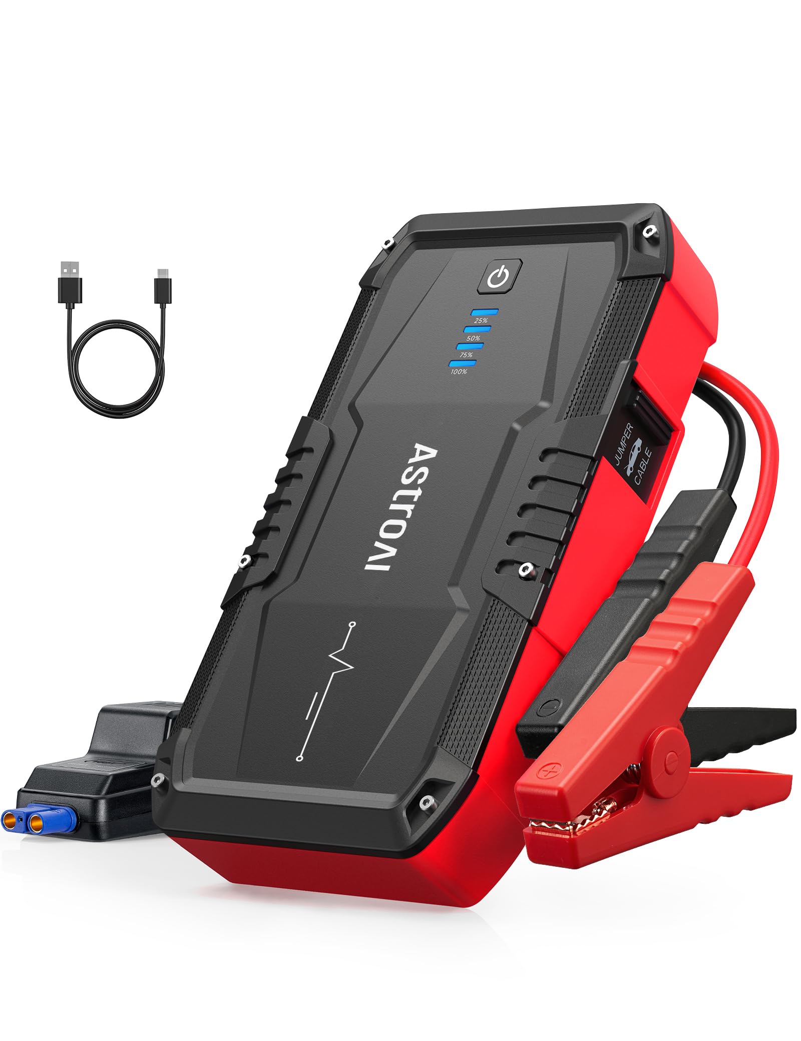 AstroAIS8 Car Battery Jump Starter, Car Jumper Starter Battery Pack for Up to 6.0L Gas & 3.0L Diesel Engines, 12V Portable Jump Box with 3 Modes Flashlight and Jumper Cable (Red)