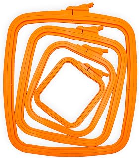 Nurge Square Plastic Embroidery Hoop Set of 4 - Adjustable Cross Stitch Frame for Needlepoint, Punch Needle - Orange, Drum-Tight Tension