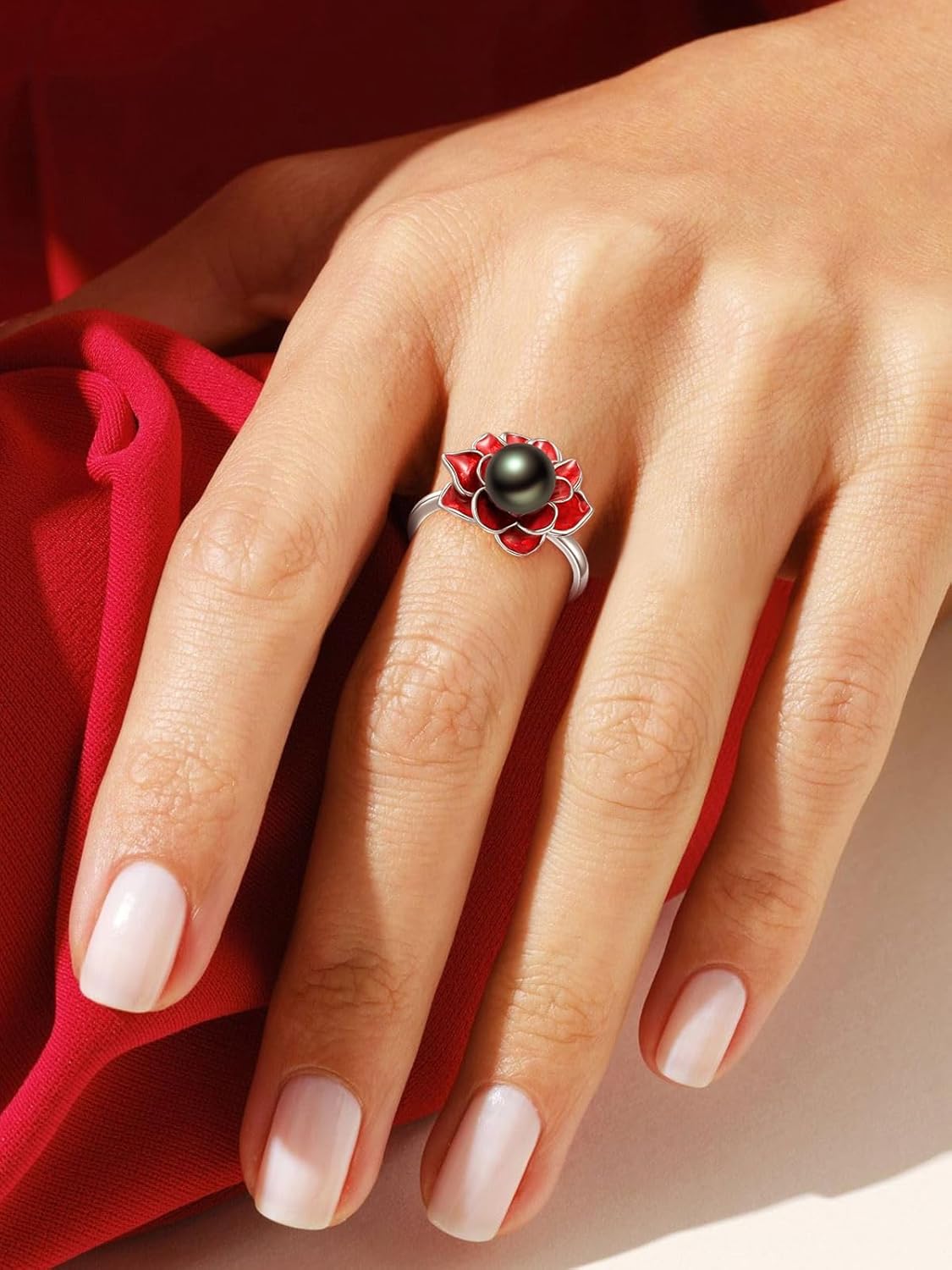 Black Pearl Ring for Women 925 Sterling Silver Tahitian Pearl Flower Adjustable Ring Freshwater Cultured Jewelry Gifts for Women - Image 6