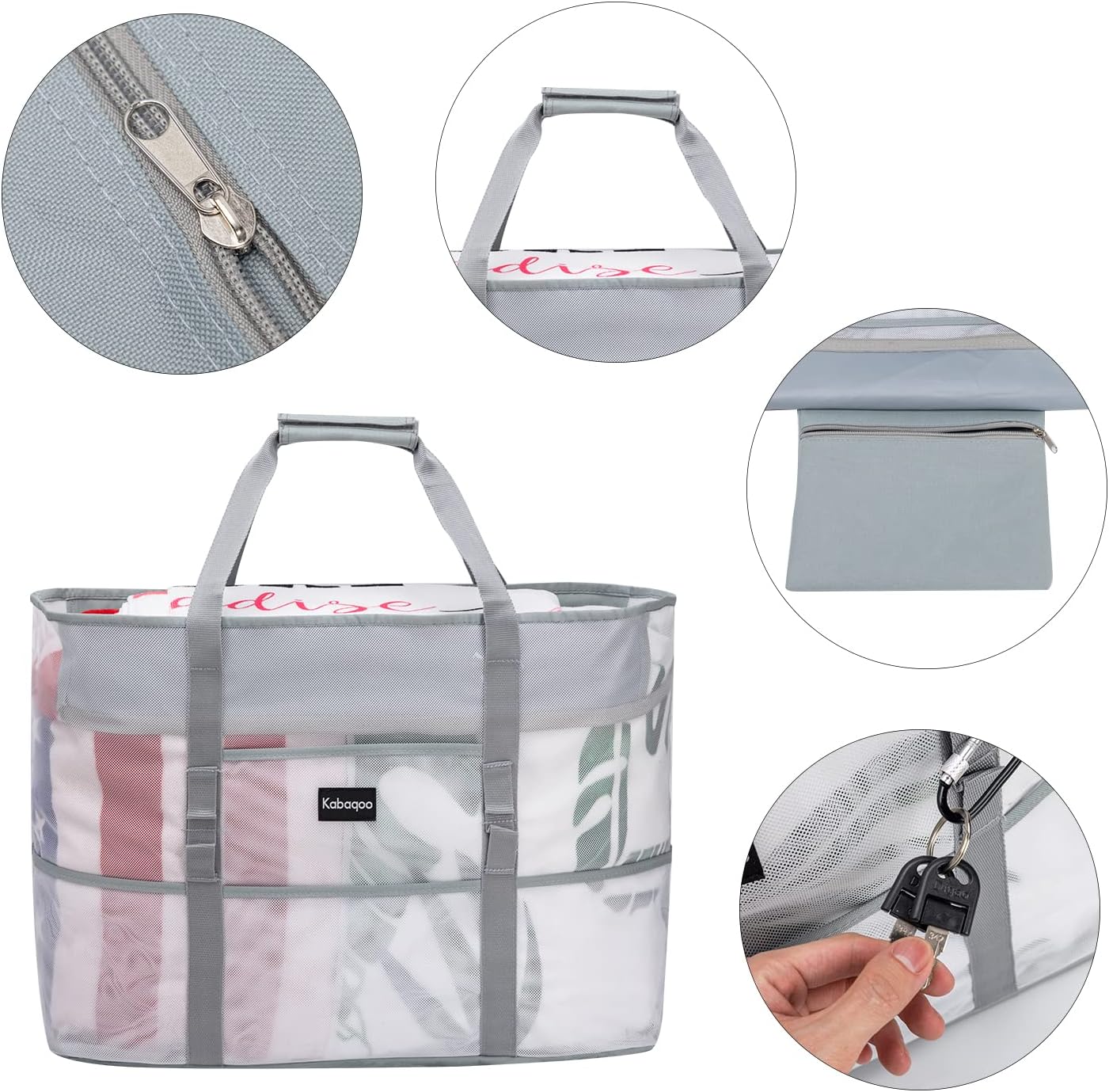 KABAQOO Mesh Beach Bag, Extra Large Beach Bags with 9 Pockets & Zipper Waterproof Lightweight Beach Tote for Beach/Pool Trip | Extra Large, 9 Pockets, Zipper, Waterproof, Lightweight, Beach/Pool Trip - Image 4