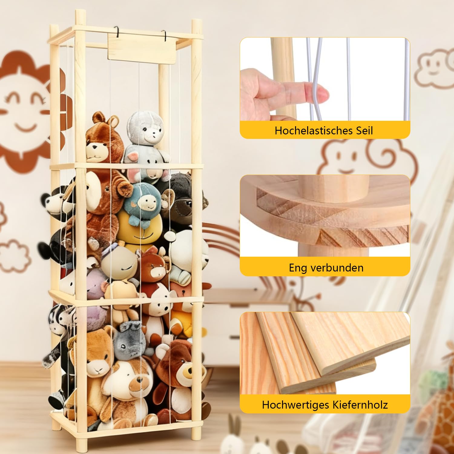 Contenitore per animali di peluche, in legno, 136 x 40 x 40 cm, salvaspazio, per camera dei giochi, cameretta dei bambini, soggiorno
