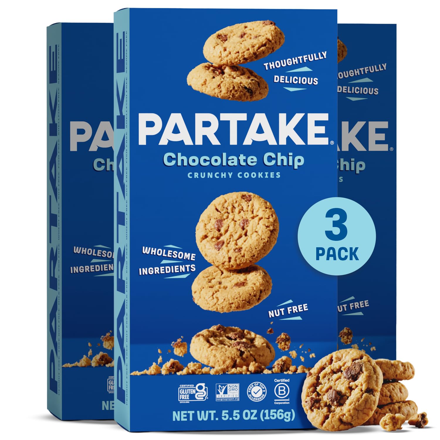 Gluten Free Partake Soft Baked Chocolate Chip Cookies - Vegan - Free From the Top 9 Allergens Including Dairy, Wheat, Soy, Eggs, & Peanuts - Non GMO - Safe School & Office Snack (6 Pack, 5.5oz Boxes)