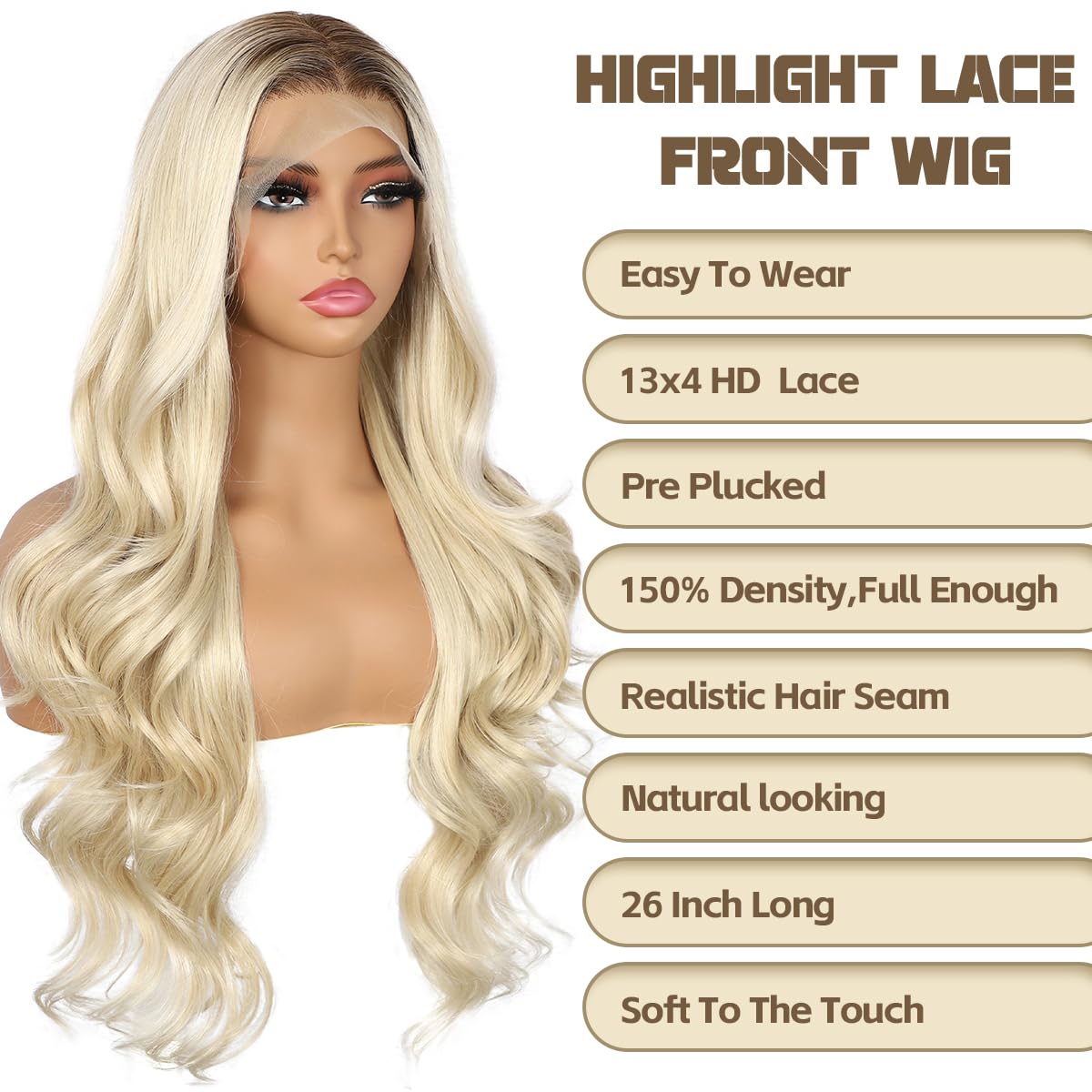 Blonde Lace Front Wig for Women 13x4 Body Wave Synthetic Wigs Pre-plucked Long Wavy 150% Density with Dark Roots Cosplay Daily Party Use 26 Inch