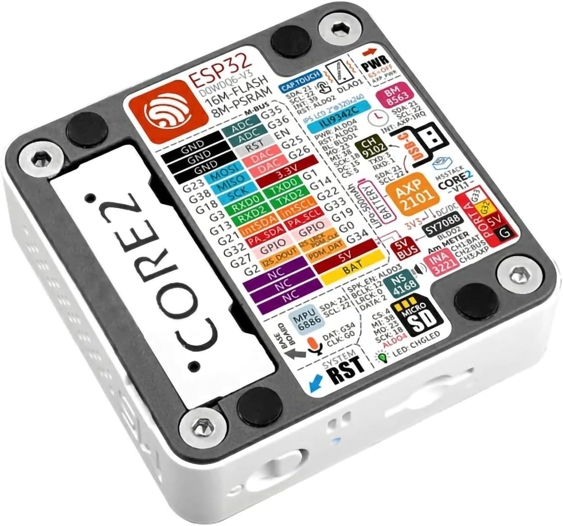 Side view of the M5Stack Core2 V1.1, showing the power button, USB-C port, and Port.A I2C connector.