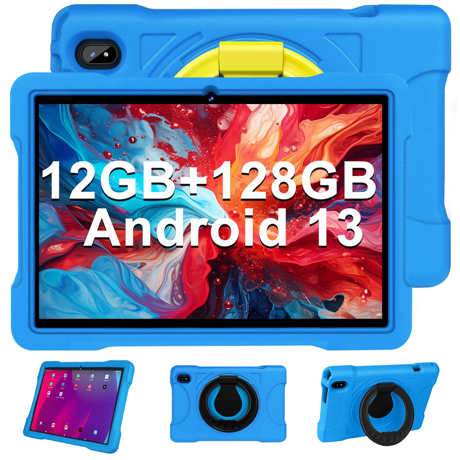 JUSYEA Tablet Bambini 10 Pollici Andorid 13 12GB RAM+128GB ROM 1TB TF, WiFi 5G, GPS, Cores 2.0Ghz, BT 5.0, 6000mAh, 8MP+5MP, Kids Space, Play Store, Tablet Famiglia con Custodia EVA (Blu)