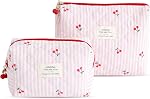 2-Pack Sac de maquillage cousu mignon, Organisateur Cosmétique Portable Grande Capacité pour les femmes, Sac de toilette de voyage, Pochette de maquillage, Essentiels de voyage (Pink Cherry)