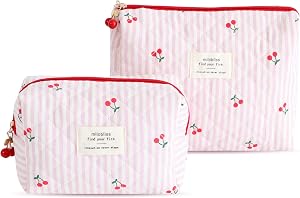 2-Pack Cute Quilted Makeup Bag, Large-Capacity Portable Cosmetic Organizer for Women, Travel Toiletry Bag, Makeup Pouch, Travel Essentials (Pink Cherry)