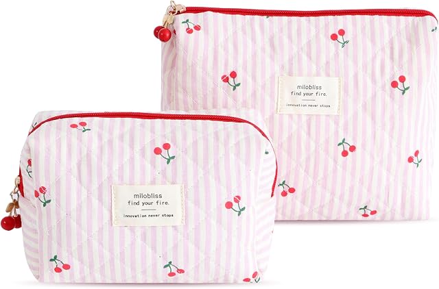 2-Pack Sac de maquillage cousu mignon, Organisateur Cosmétique Portable Grande Capacité pour les femmes, Sac de toilette de voyage, Pochette de maquillage, Essentiels de voyage (Pink Cherry)
