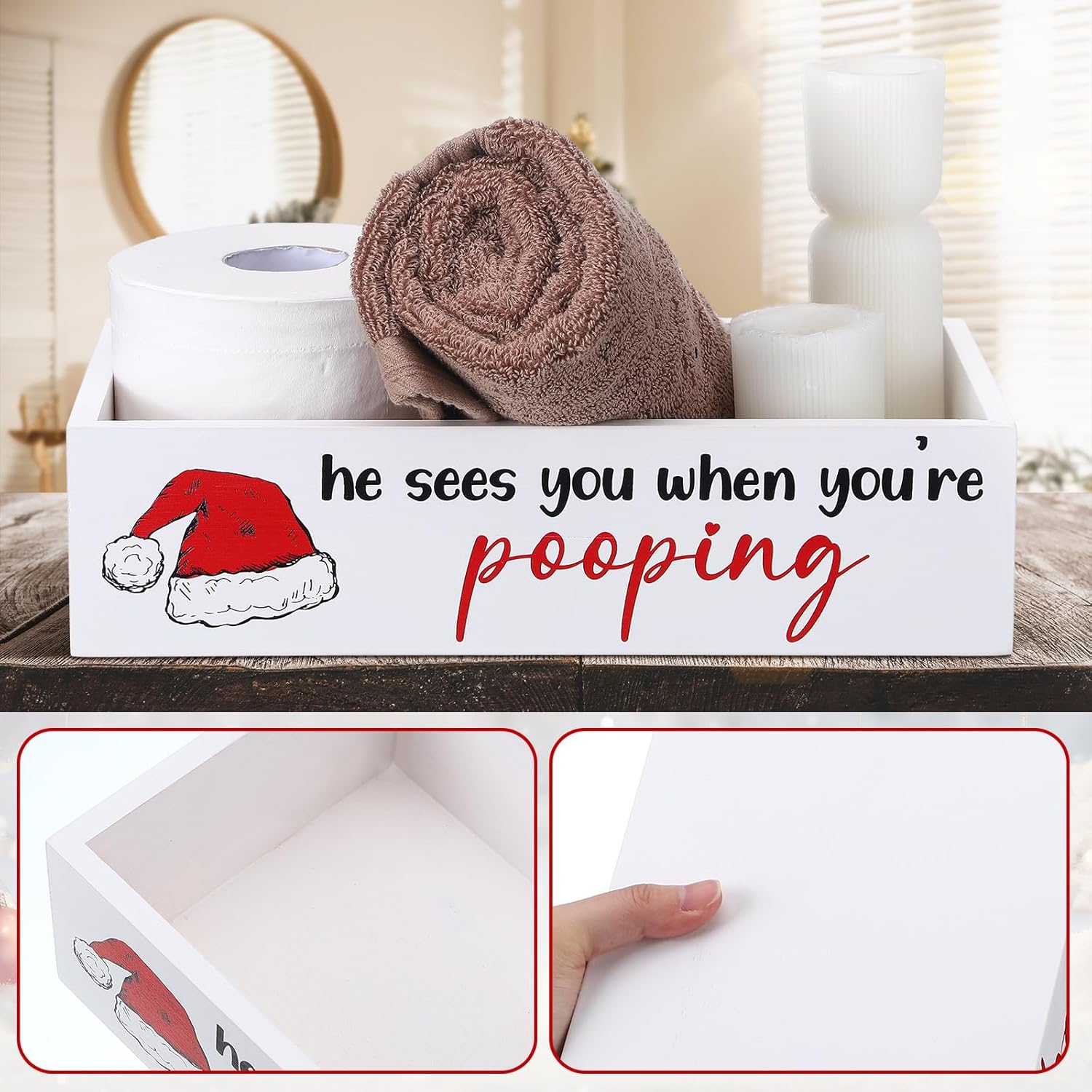Meanplan Christmas Funny Bathroom Decor He Sees You When You're Pooping Toilet Paper Holder Christmas Storage Box for Bathroom Toilet Tank Organizer Storage Box Xmas Gift