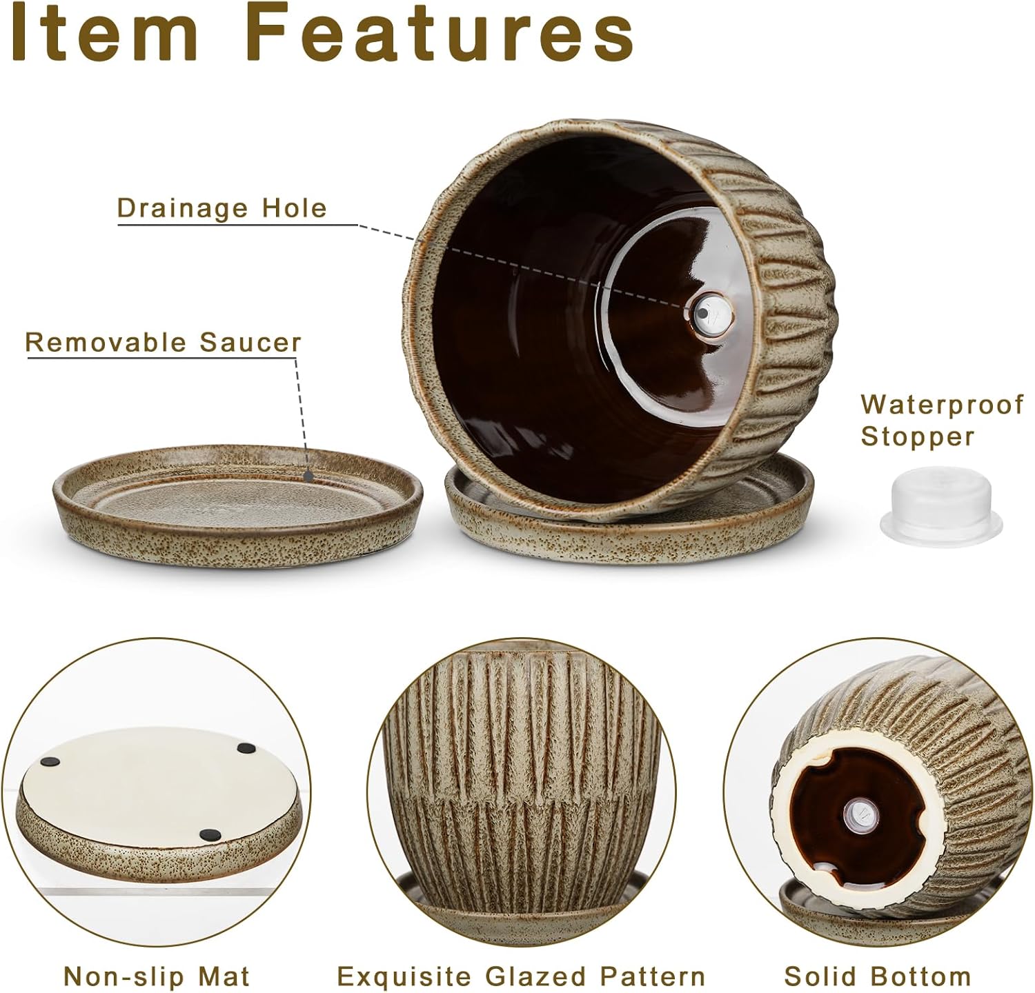 Oairse Ceramic Pots for Indoor Plants, 4.7 +5.7 inch Pots for Plants Set of 2 Brown Plant Pots with Drainage Holes and Saucers Texture Ceramic Planters Indoor Outdoor Flower Pot for Succulent