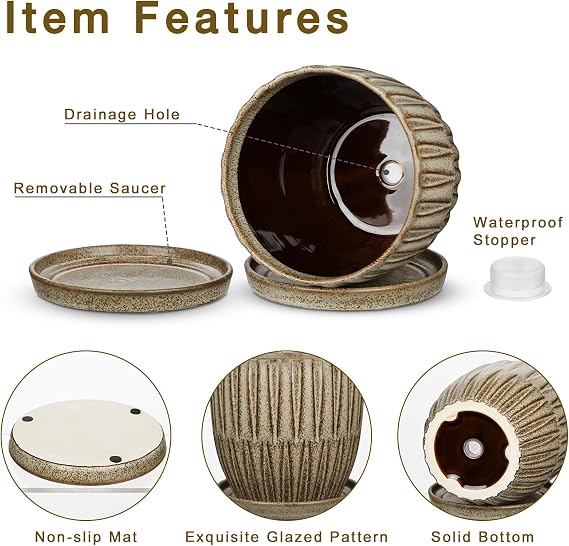 Oairse Ceramic Pots for Indoor Plants, 4.7 +5.7 inch Pots for Plants Set of 2 Brown Plant Pots with Drainage Holes and Saucers Texture Ceramic Planters Indoor Outdoor Flower Pot for Succulent