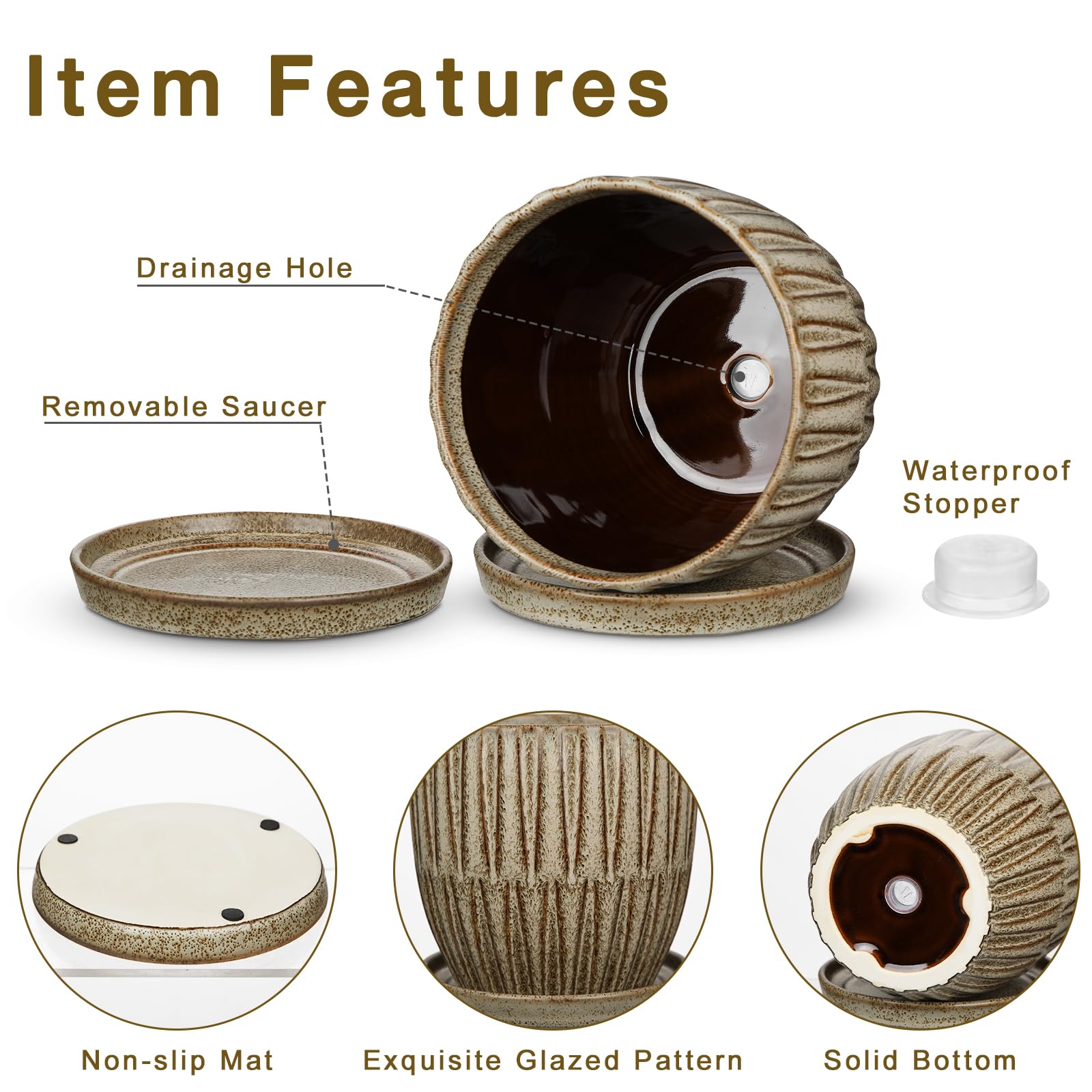 Oairse Ceramic Pots for Indoor Plants 4.7 +5.7 inch Pots for Plants Set of 2 Brown Plant Pots with Drainage Holes and Saucers Texture Ceramic Planters Indoor Outdoor Flower Pot for Succulent - Image 3