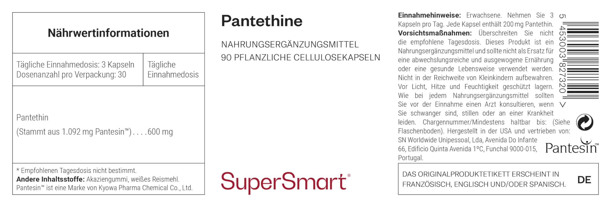 Supersmart - Pantethine (Pantesin™) - Vitamin B5 - Hilft im Kampf gegen Cholesterin & unterstützt ein gesundes Herz-Kreislauf-System | Nicht GVO - 90 vegetarische Kapseln