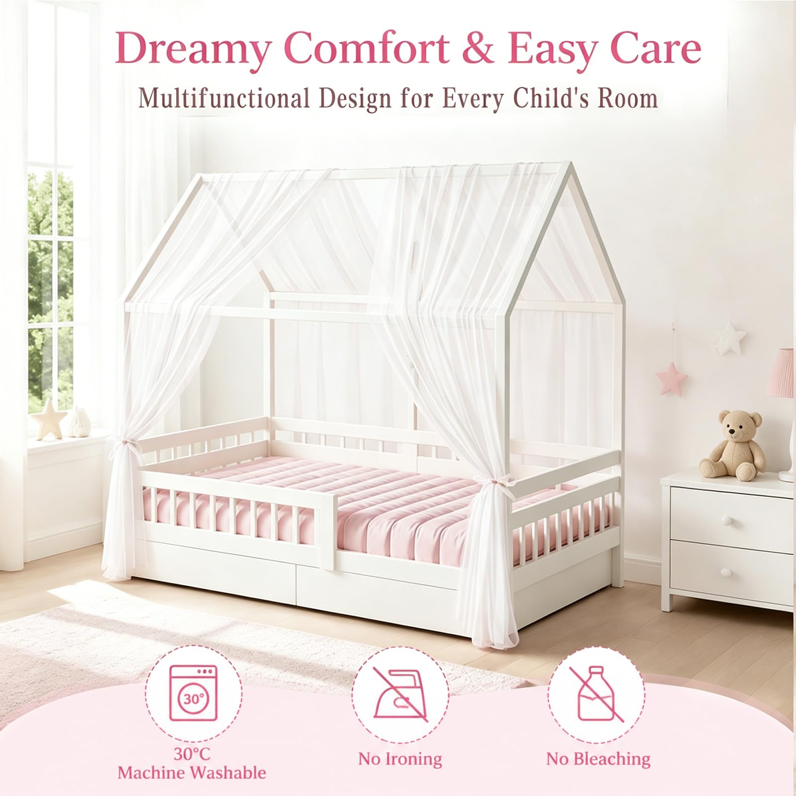 2 Pezzi Letto a Baldacchino per Bambini Tenda Decorativa Cameretta Infantile Universale per Ragazzi e Ragazze Dimensione 150x350cm (Bianco)