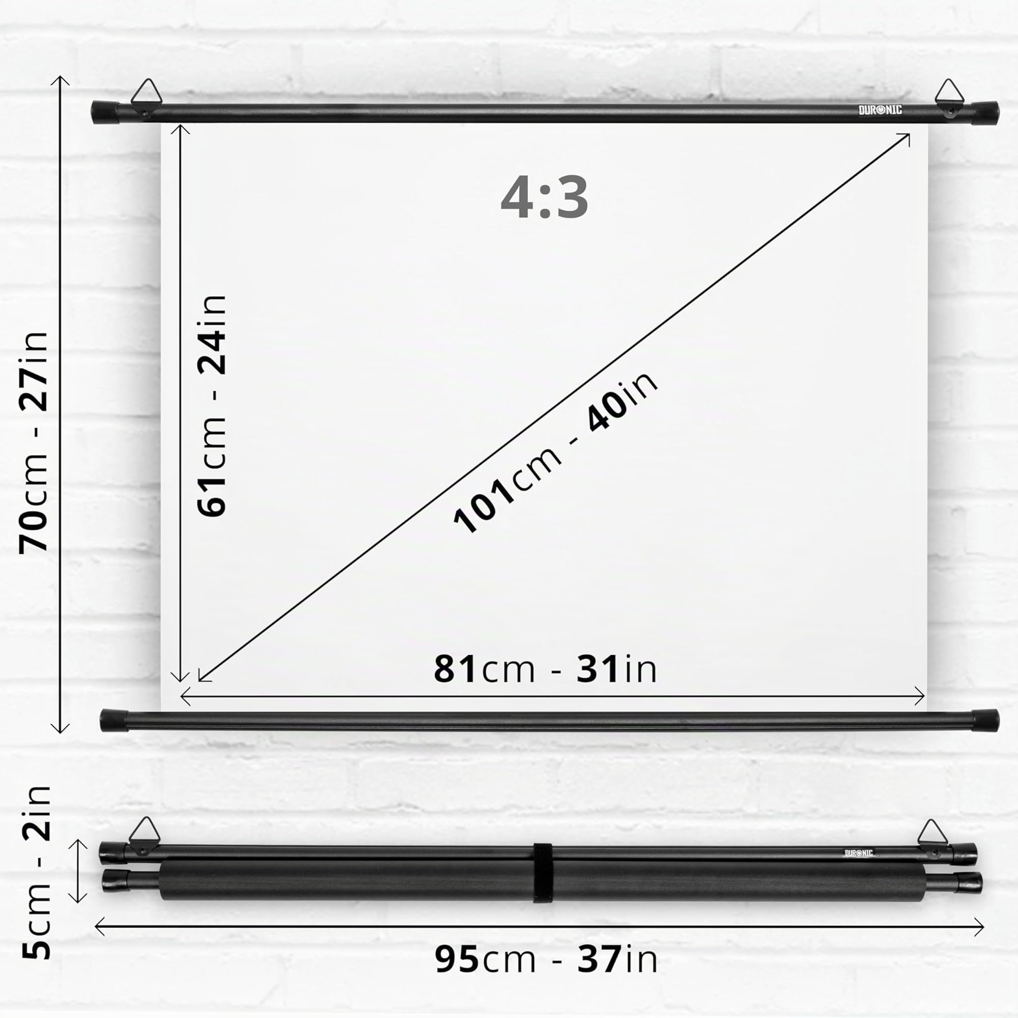 Duronic BPS40 Leinwand | 4:3 Hängeleinwand 40" Zoll 81 x 61 cm | Heimkino mit 4K Full HD 3D | Gain 1.0 | Projektionsleinwand für Wandmontage | Beamerleinwand für Büro Präsentationen, Schulen
